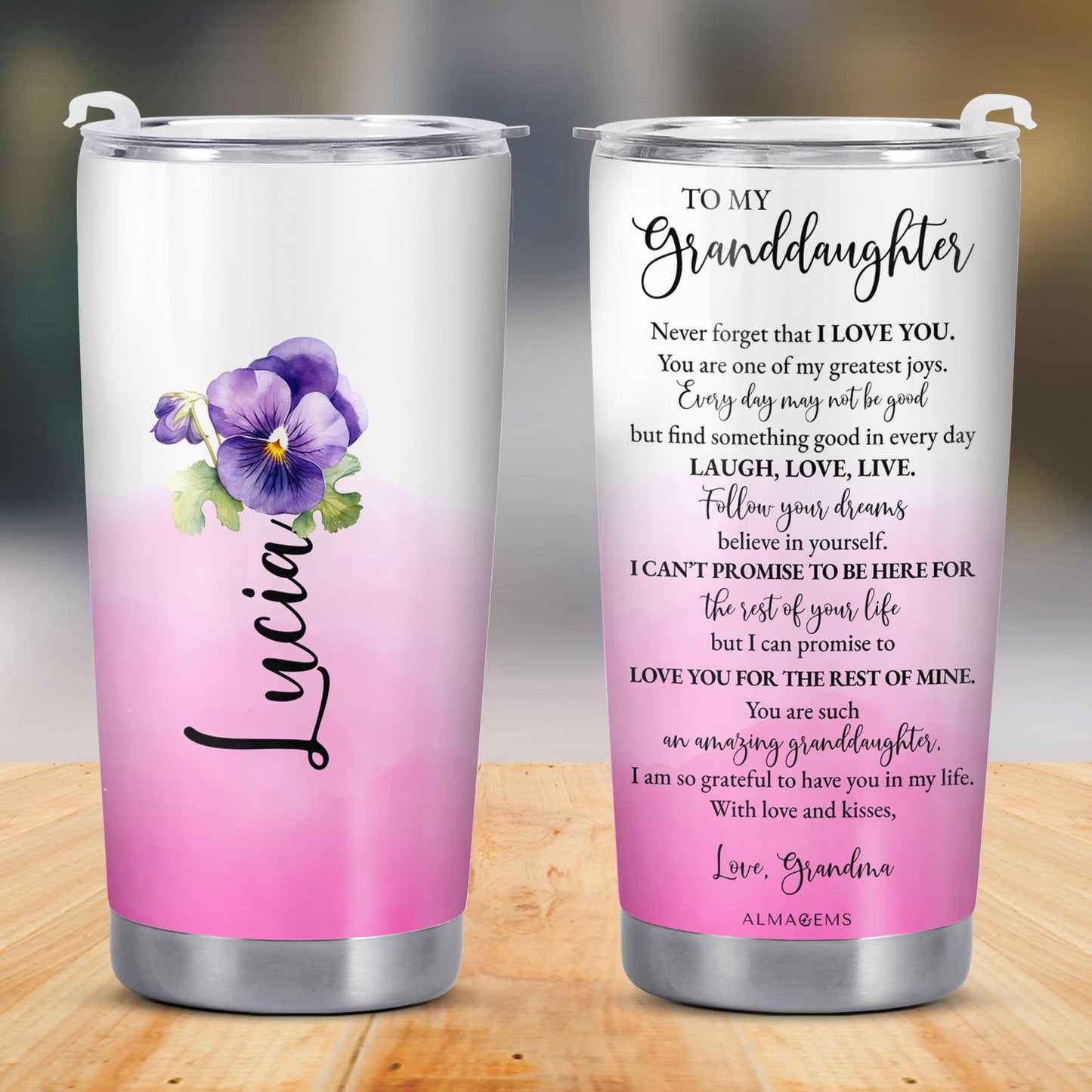 Granddaughter Love Promise Tumbler With Heartfelt Message and Flowers