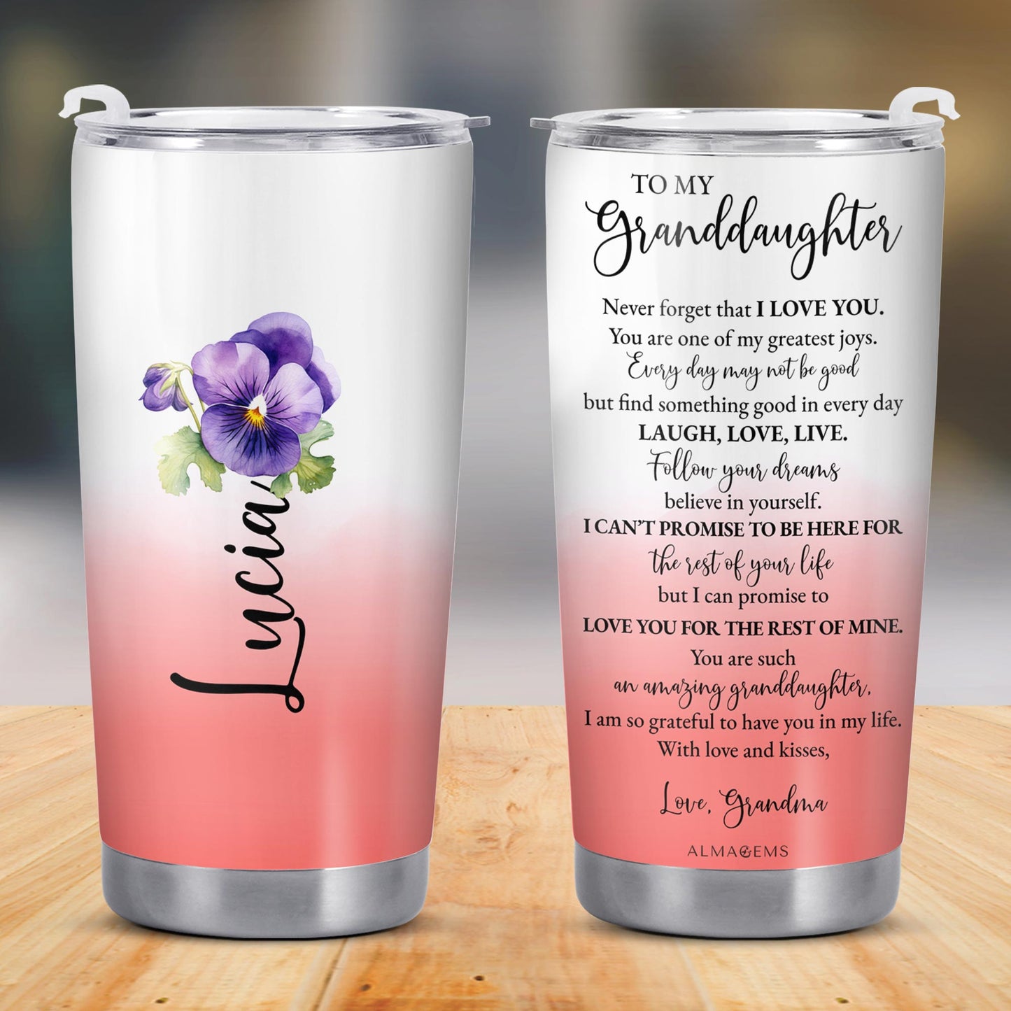 Granddaughter Love Promise Tumbler With Heartfelt Message and Flowers