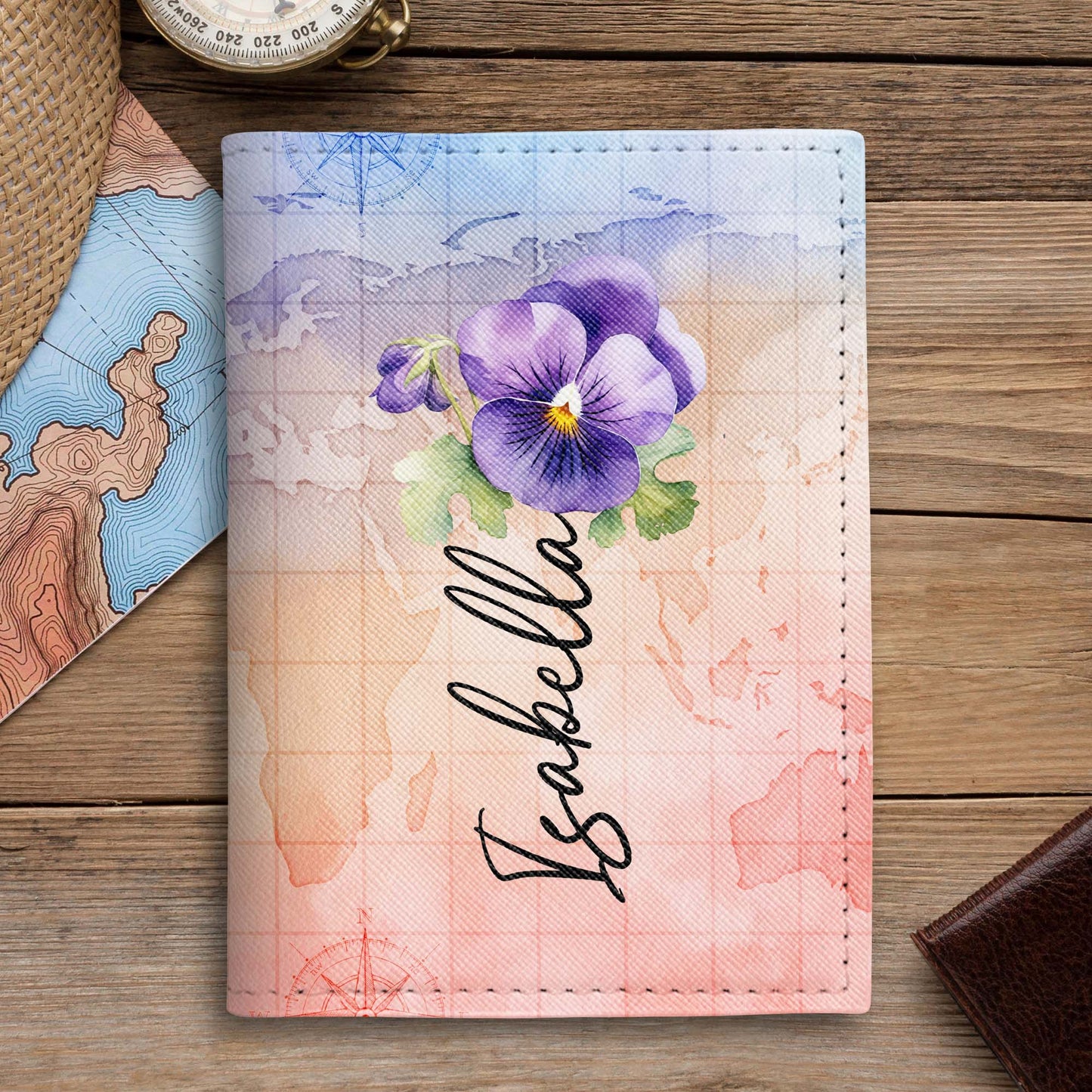 Explore The World In Style, World Map And Pansy Flower