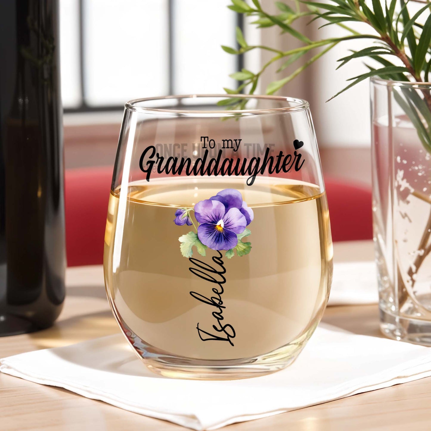 Granddaughter's Special Message Of Eternal Love With Heart And Flowers - Personalized Stemless Wine Glass - GDT158_WIGL