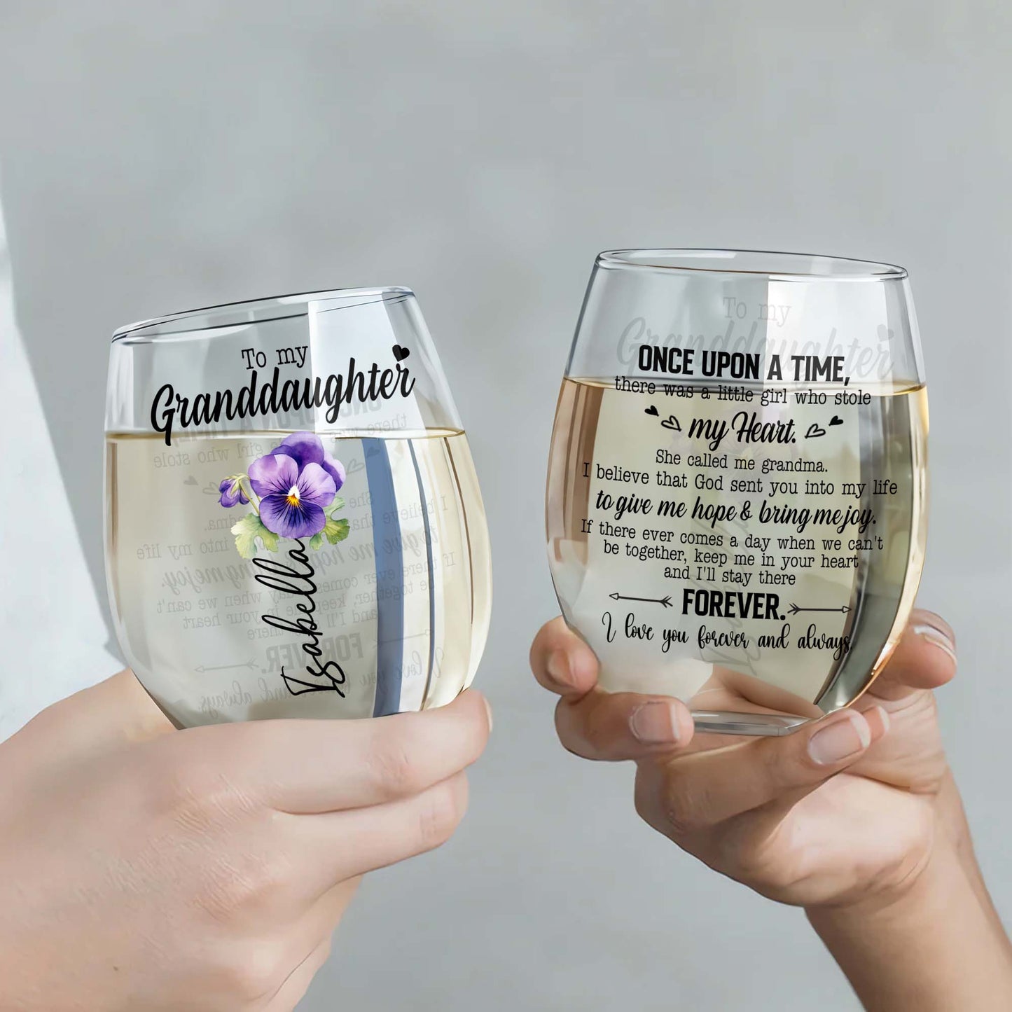 Granddaughter's Special Message Of Eternal Love With Heart And Flowers - Personalized Stemless Wine Glass - GDT158_WIGL