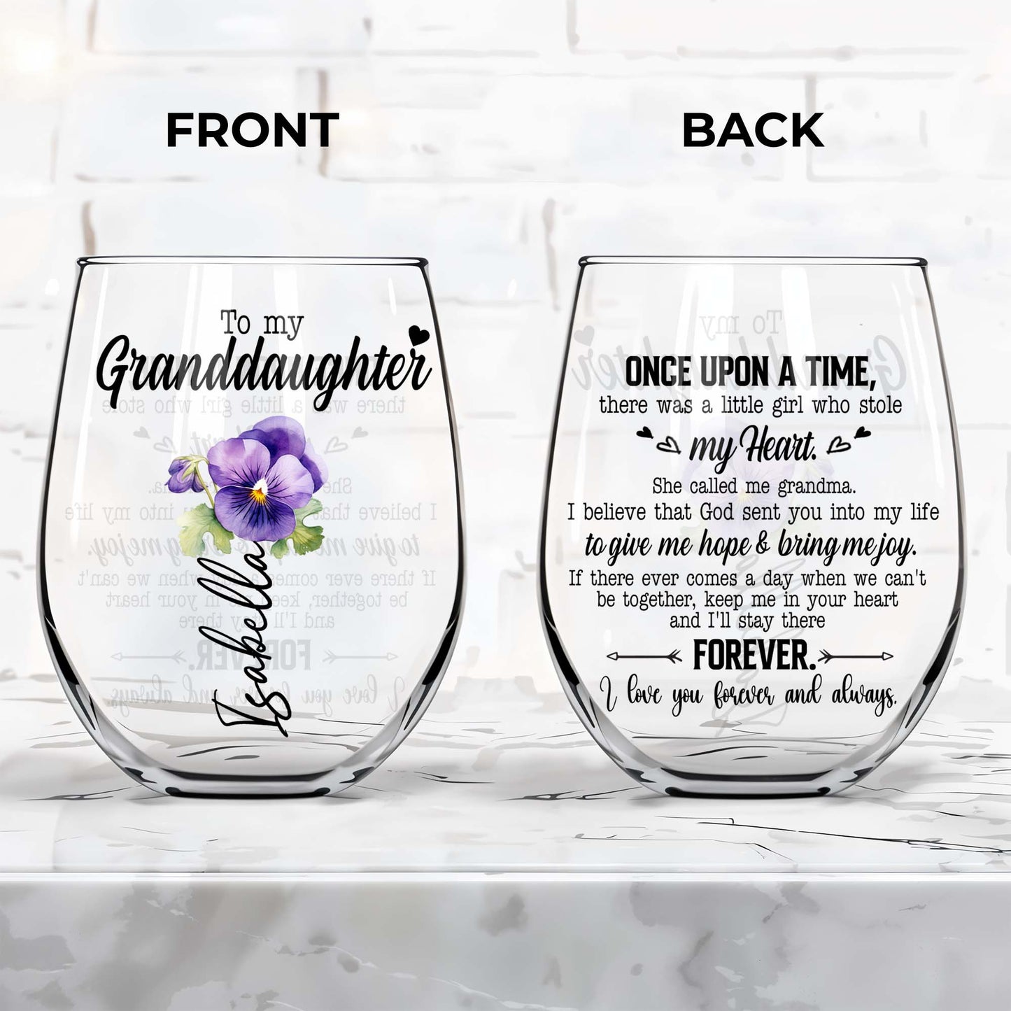 Granddaughter's Special Message Of Eternal Love With Heart And Flowers - Personalized Stemless Wine Glass - GDT158_WIGL