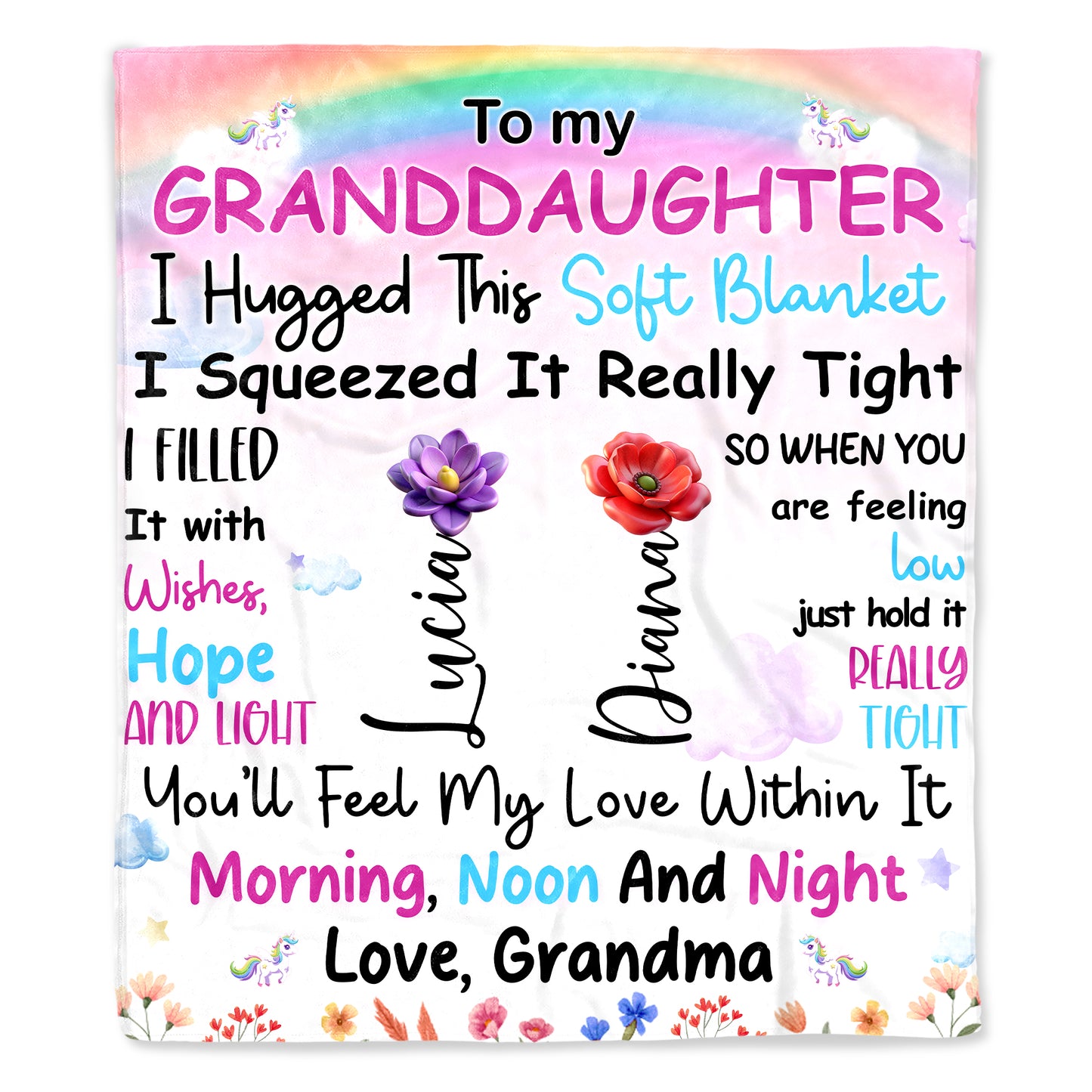 Granddaughter Love And Comfort Rainbow Unicorn Blanket - Personalized Custom Blanket - GDT169_BLK