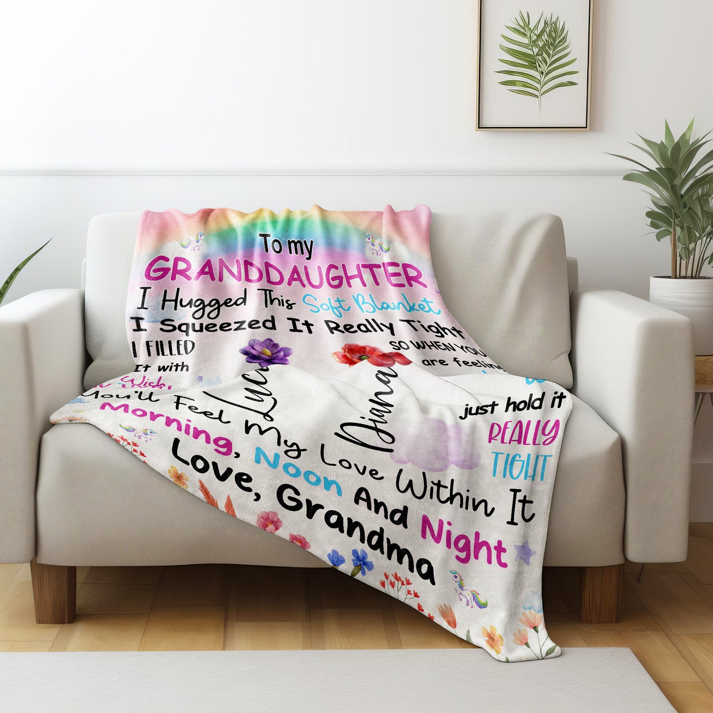 Granddaughter Love And Comfort Rainbow Unicorn Blanket - Personalized Custom Blanket - GDT169_BLK