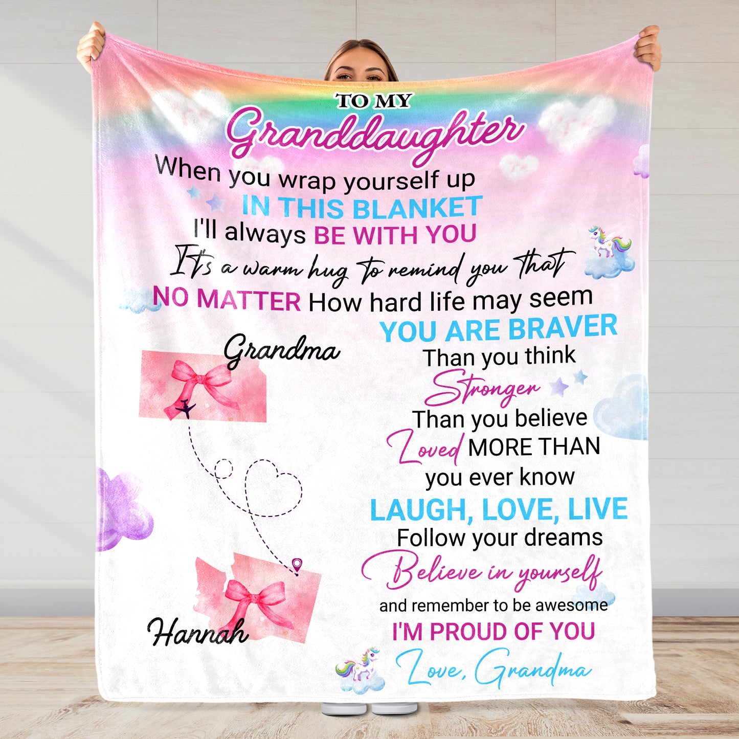 Granddaughter Stronger Braver Loved Rainbow Unicorn Blanket