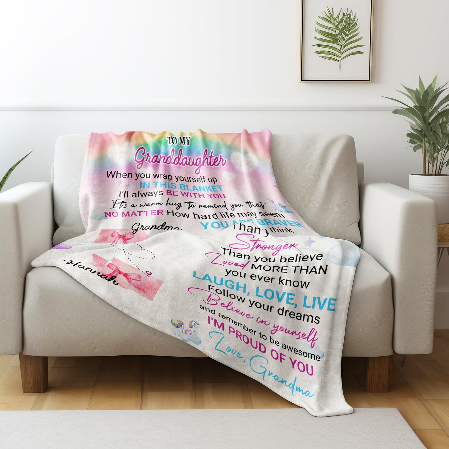 Granddaughter Stronger Braver Loved Rainbow Unicorn Blanket
