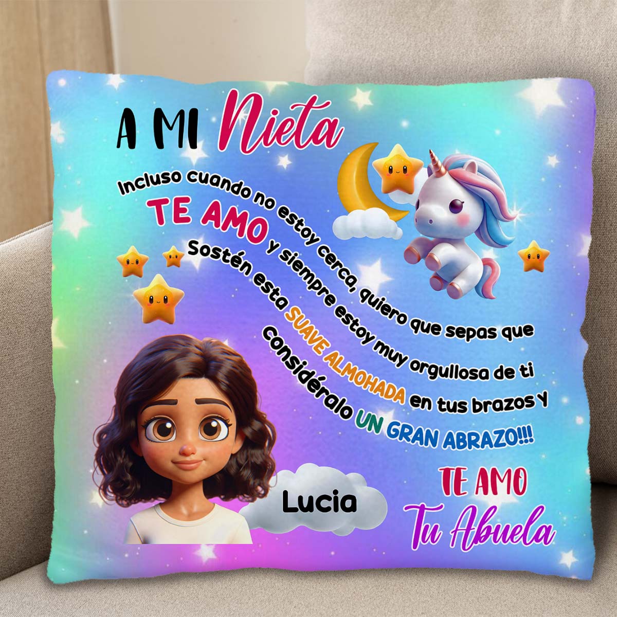 Granddaughter Big Hug Pillow Featuring Cartoon Girl and Unicorn