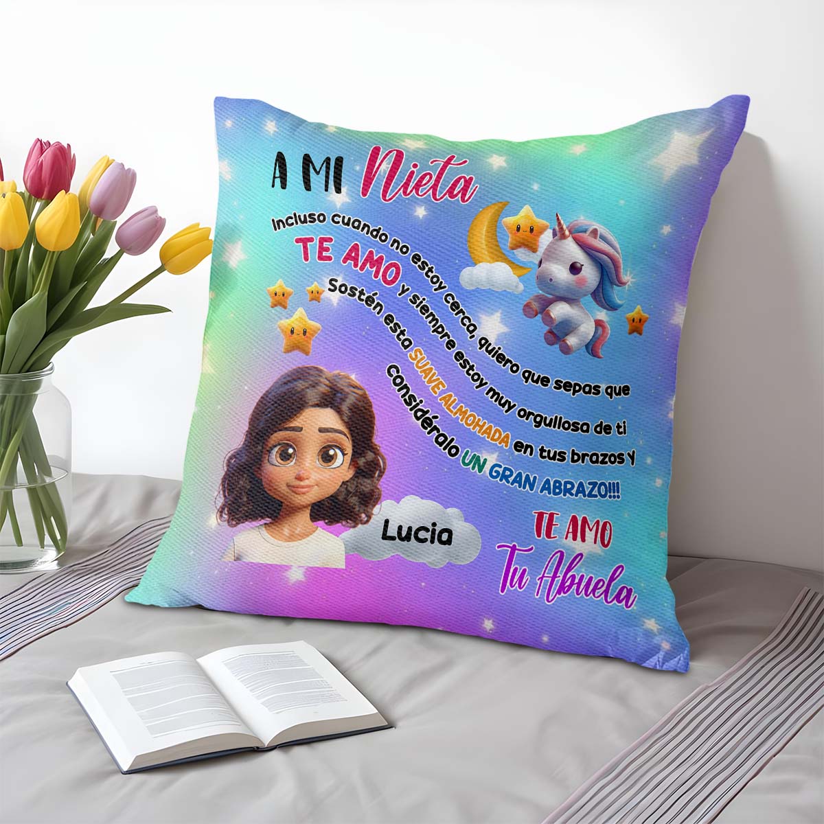 Granddaughter Big Hug Pillow Featuring Cartoon Girl and Unicorn