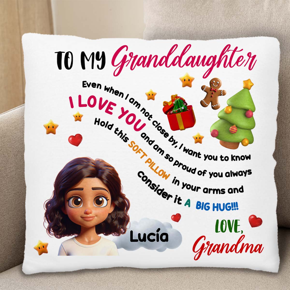 Big Hug Soft Pillow Featuring Emojis and Christmas Tree