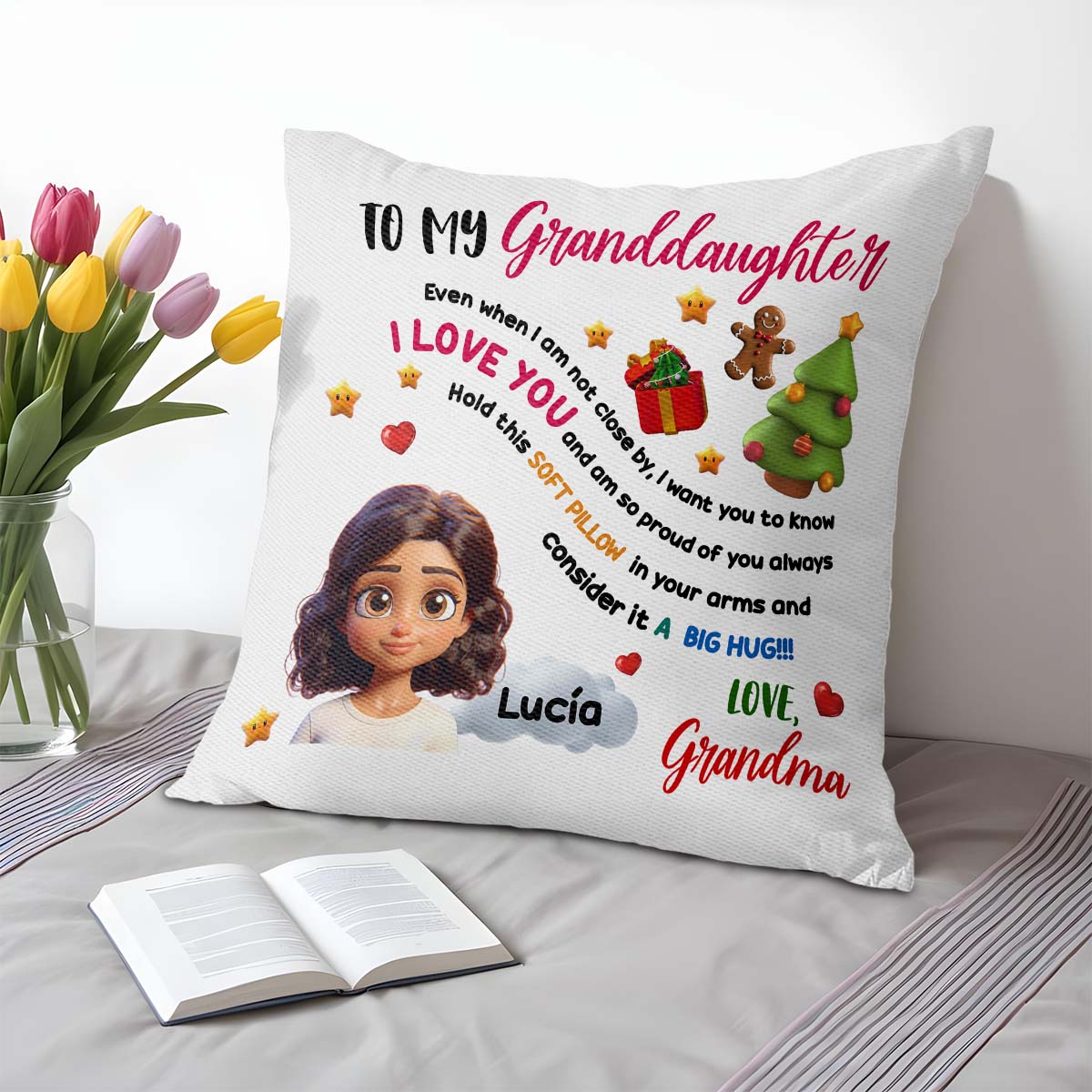 Big Hug Soft Pillow Featuring Emojis and Christmas Tree