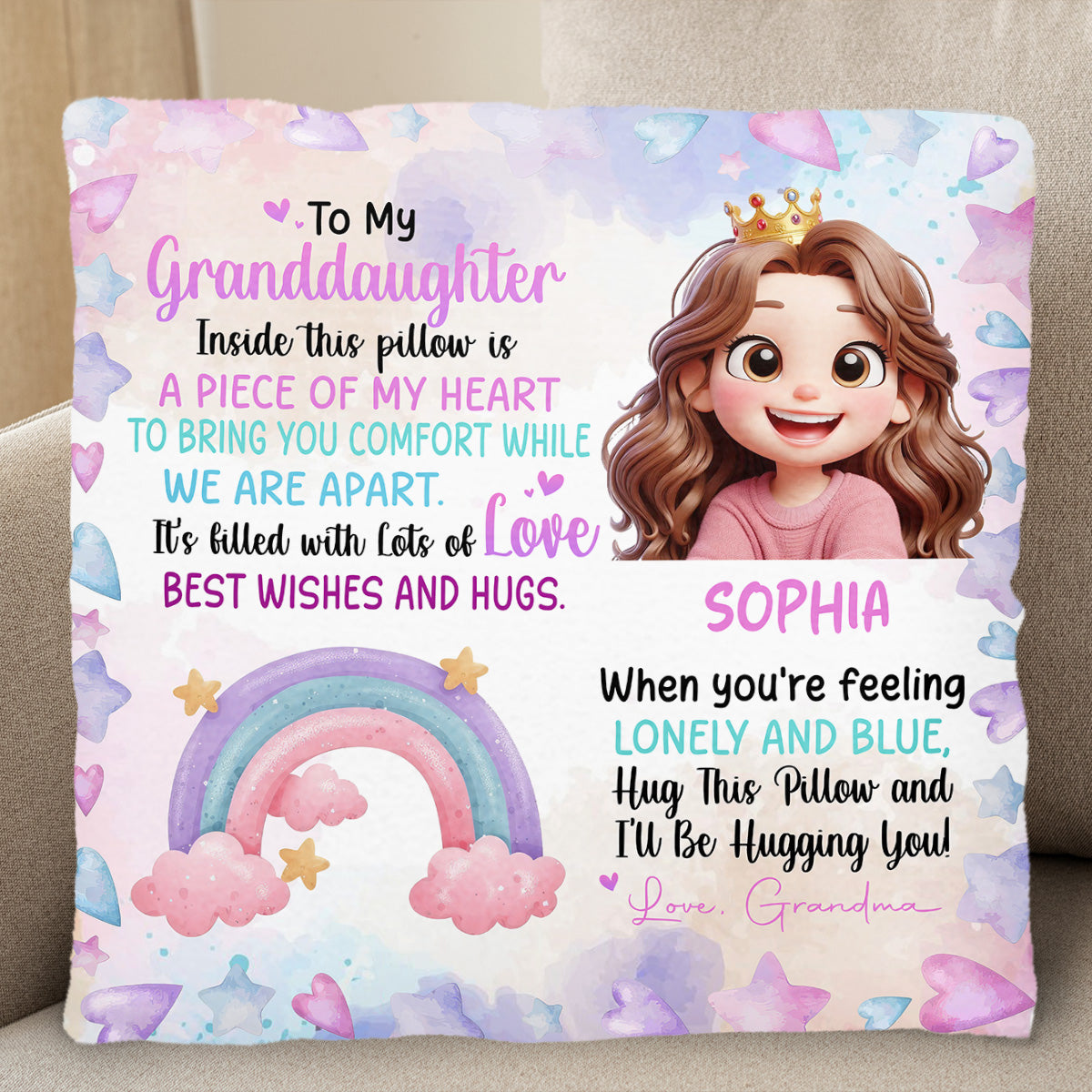 Heartfelt Hugs And Love Rainbow Pillow - Personalized Custom Pillow, Insert Included - GDT206_PLW