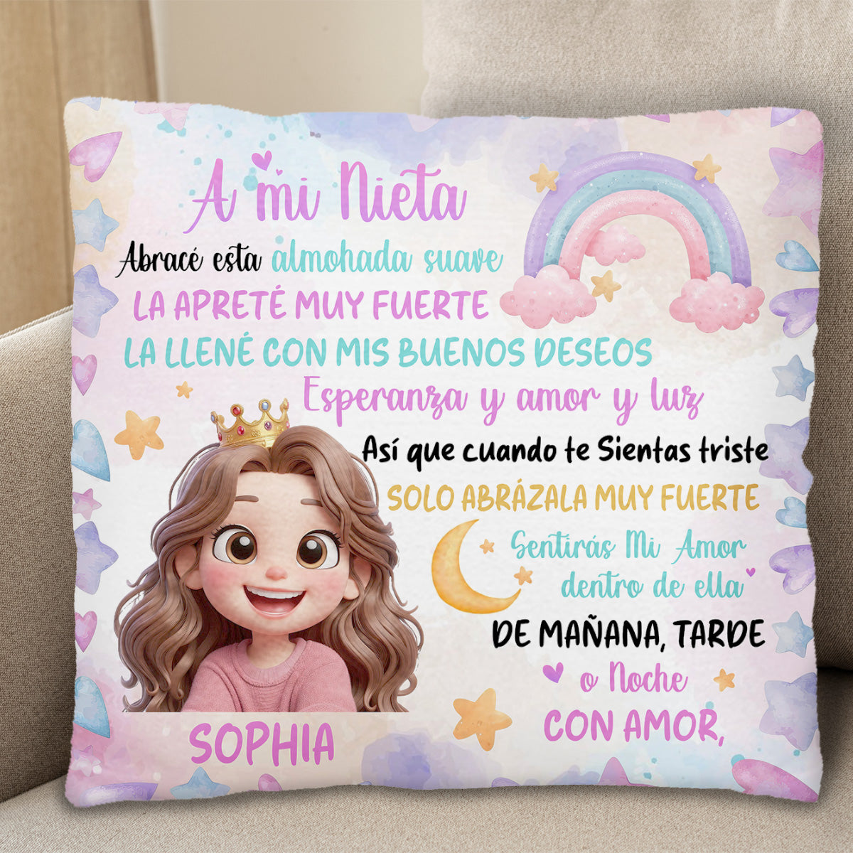 Soft Hug Pillow With Rainbow, Stars, And Crown For Emotional Comfort