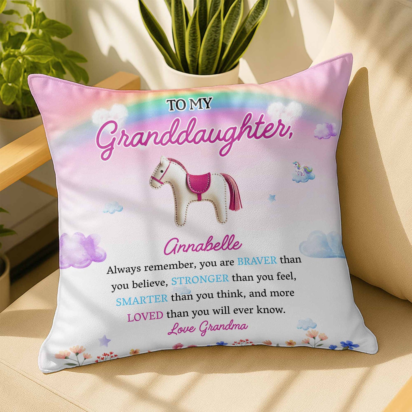 Braver Stronger Smarter Loved Inspirational Message With Horse And Flowers - Personalized Custom Pillow, Insert Included - GDT214_PLW