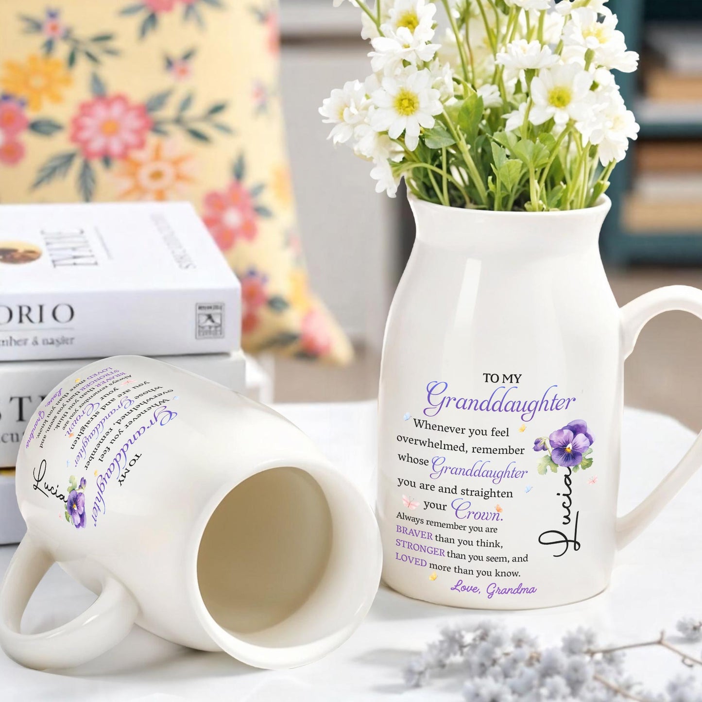To My Granddaughter, Whenever You Feel Overwhelmed Remember Whose Granddaughter You Are, Crown and Flower - Personalized Ceramic Flower Vase - GDT223_CEV