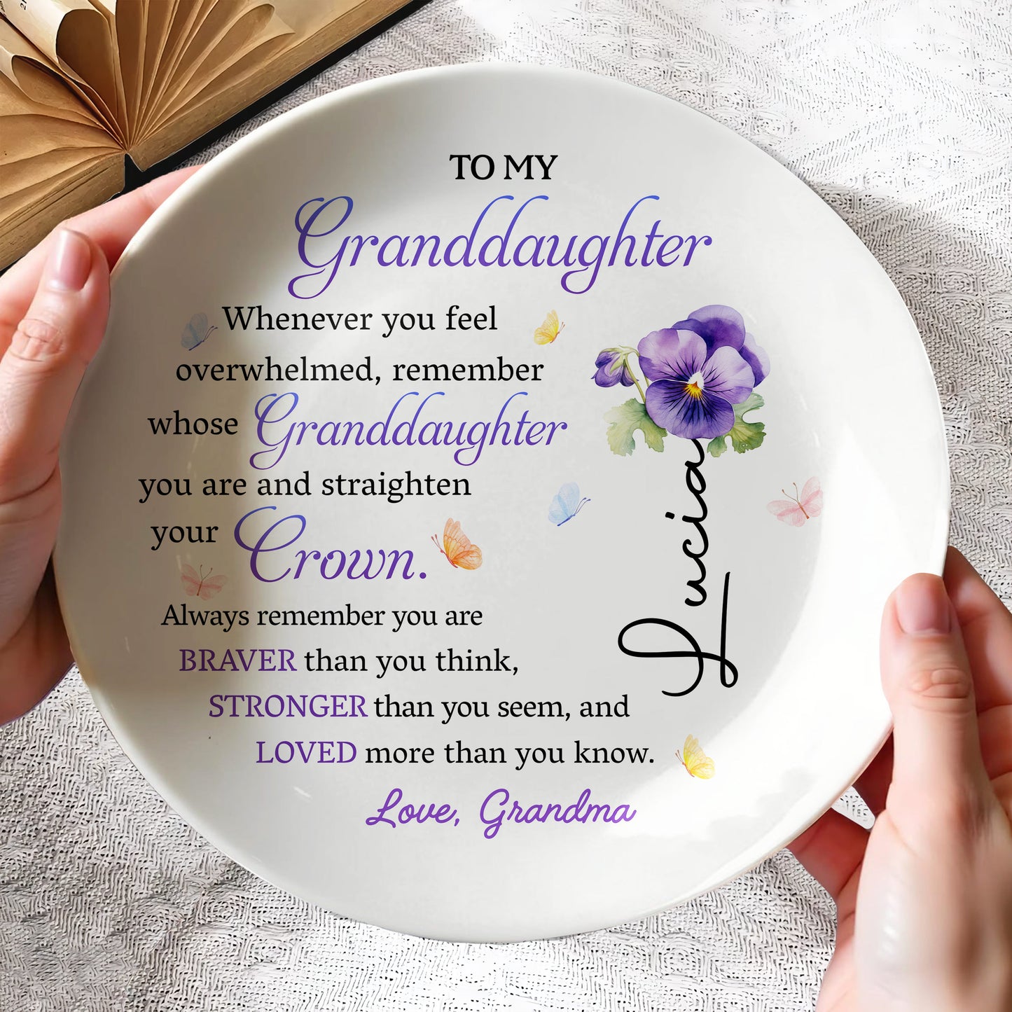 To My Granddaughter, Whenever You Feel Overwhelmed Remember Whose Granddaughter You Are and Straighten Your Crown, Pansies and Butterfly - Personalized Ceramic Plate - GDT223_RPLA