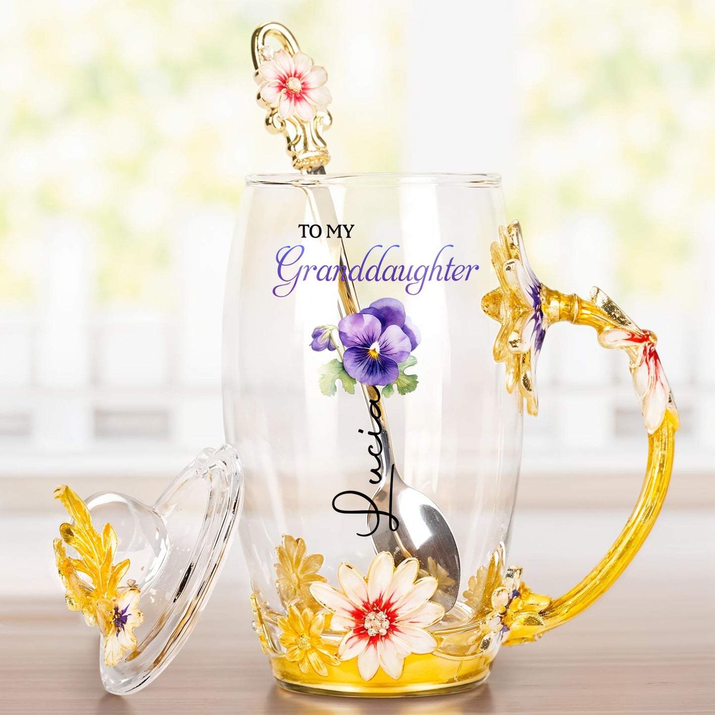 To My Granddaughter, Enamel Flowers and Spoon