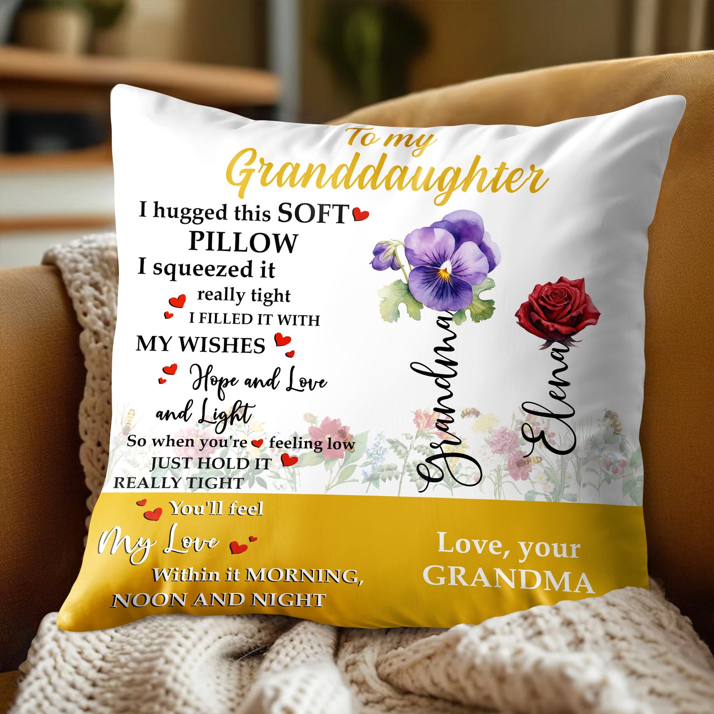 Message d'amour de grand-mère à sa petite-fille avec motif floral - Coussin personnalisé, insert inclus - GDT224_PLW
