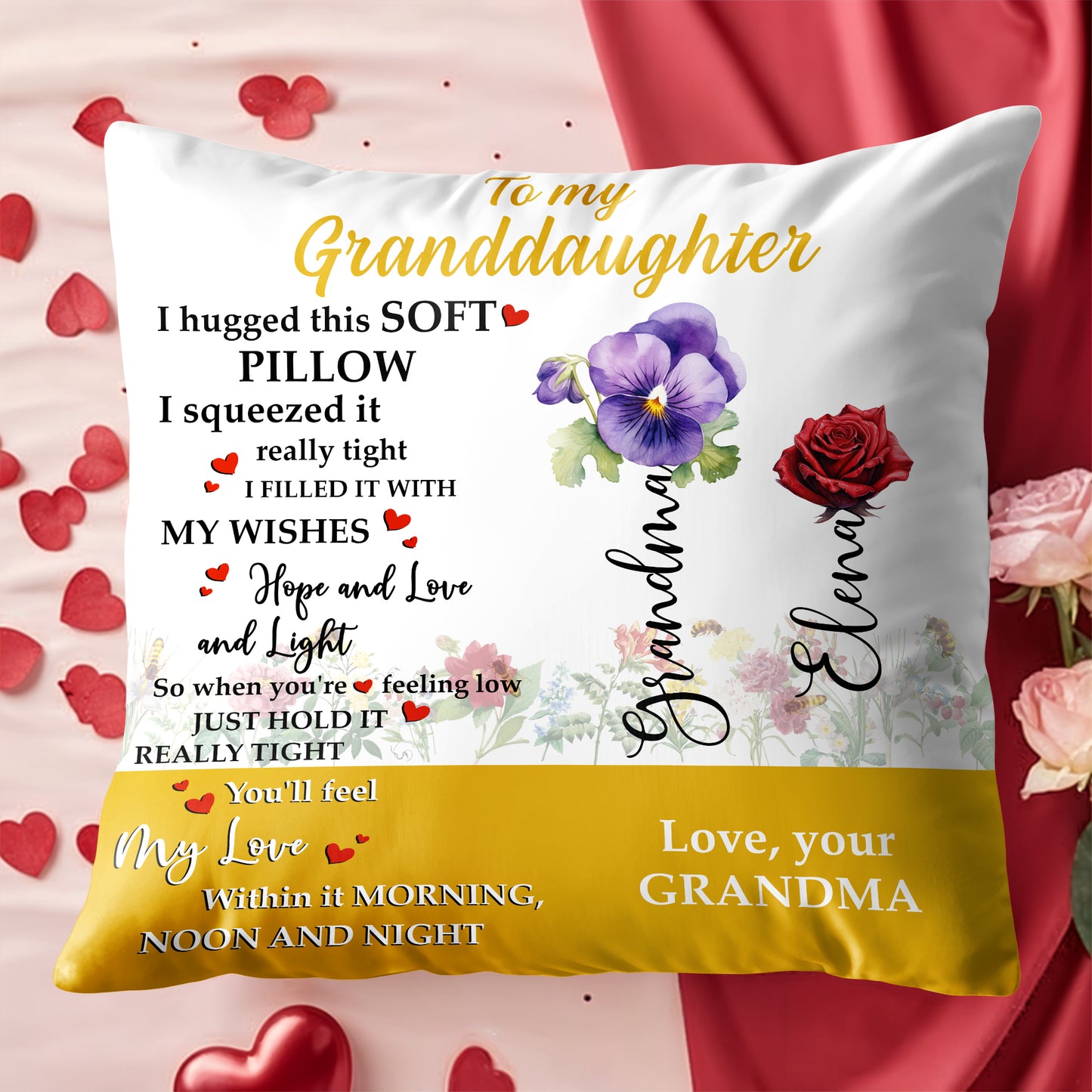 Message d'amour de grand-mère à sa petite-fille avec motif floral - Coussin personnalisé, insert inclus - GDT224_PLW