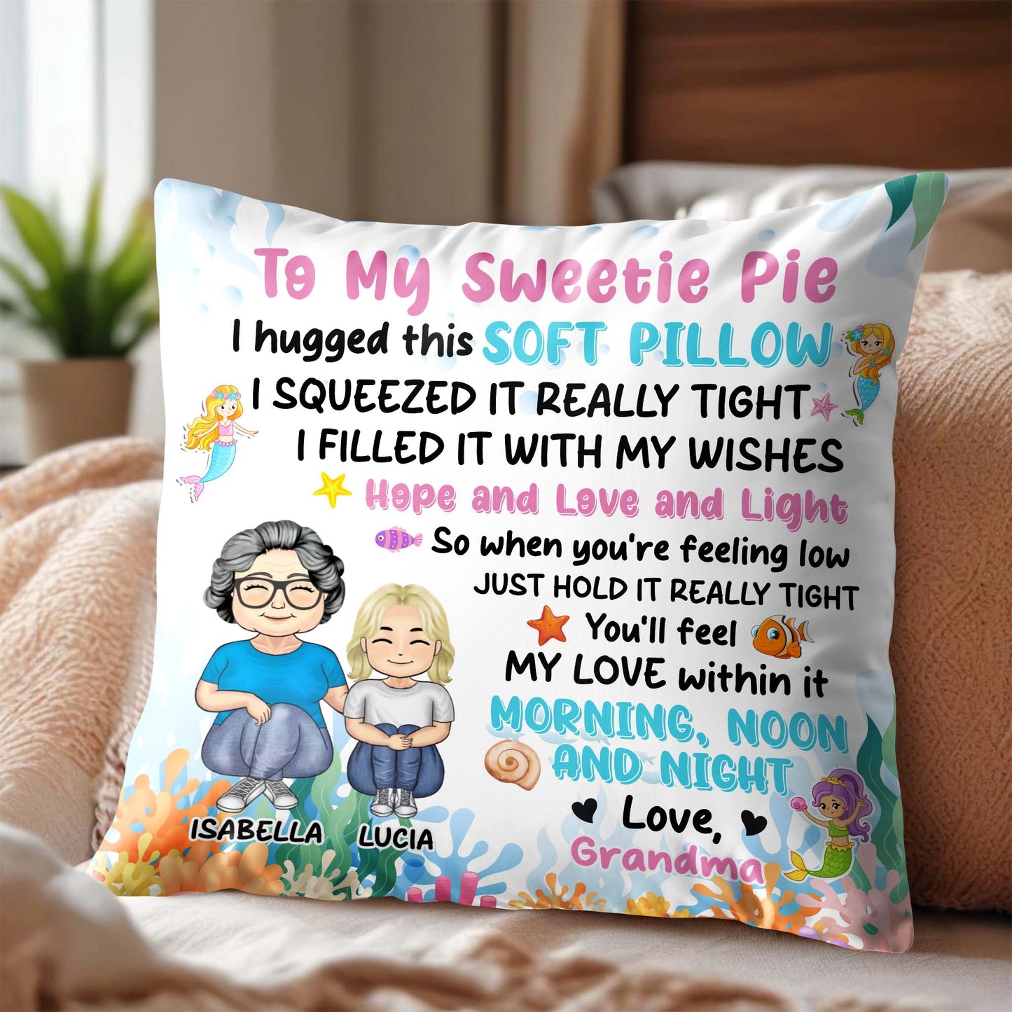 Grandmother And Granddaughter Love Pillow With Ocean Elements