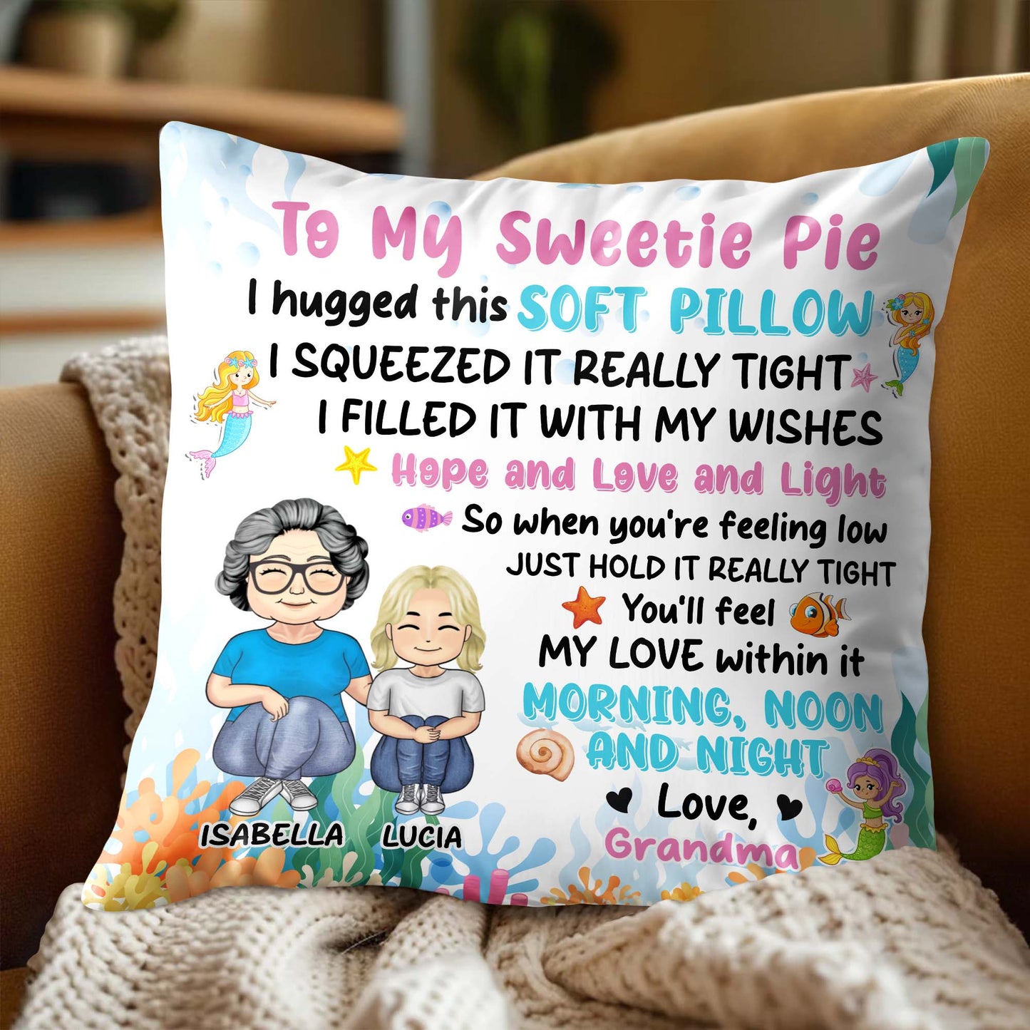 Grandmother And Granddaughter Love Pillow With Ocean Elements