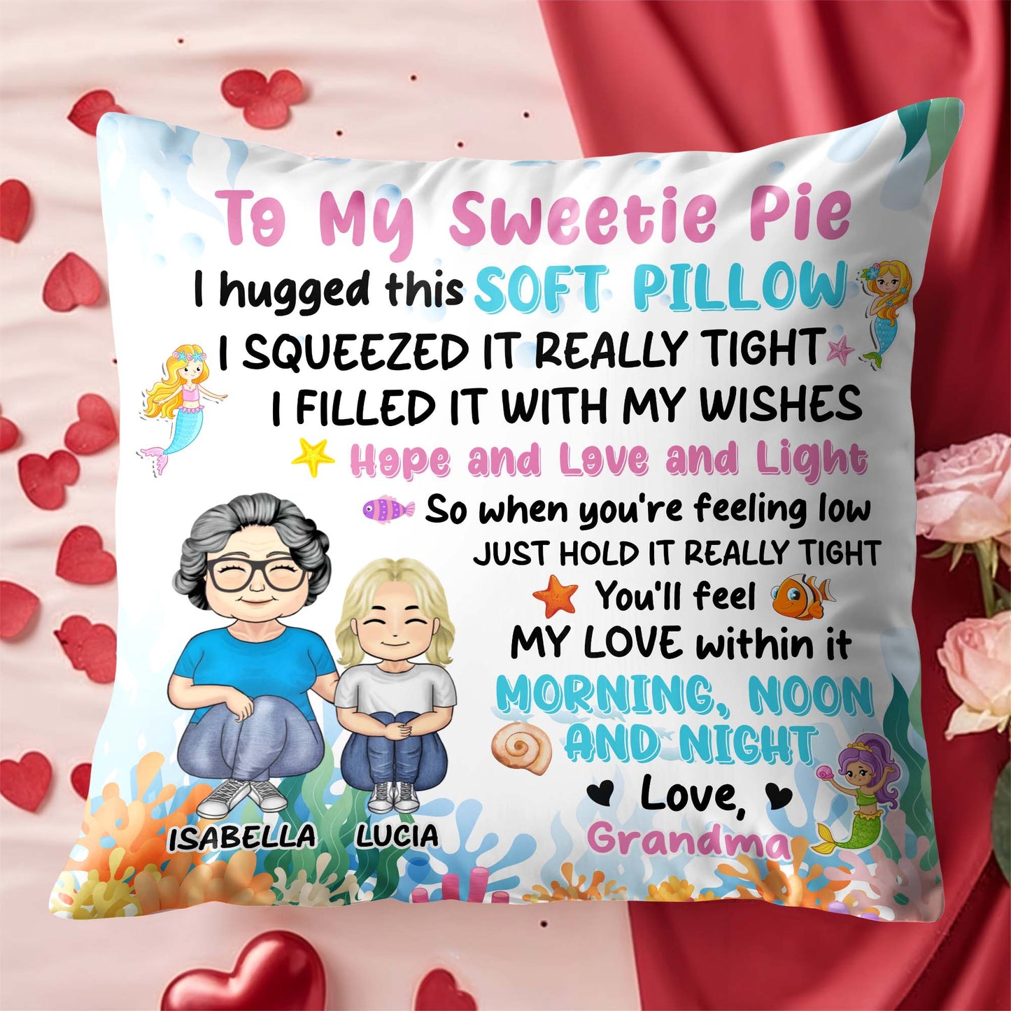 Grandmother And Granddaughter Love Pillow With Ocean Elements