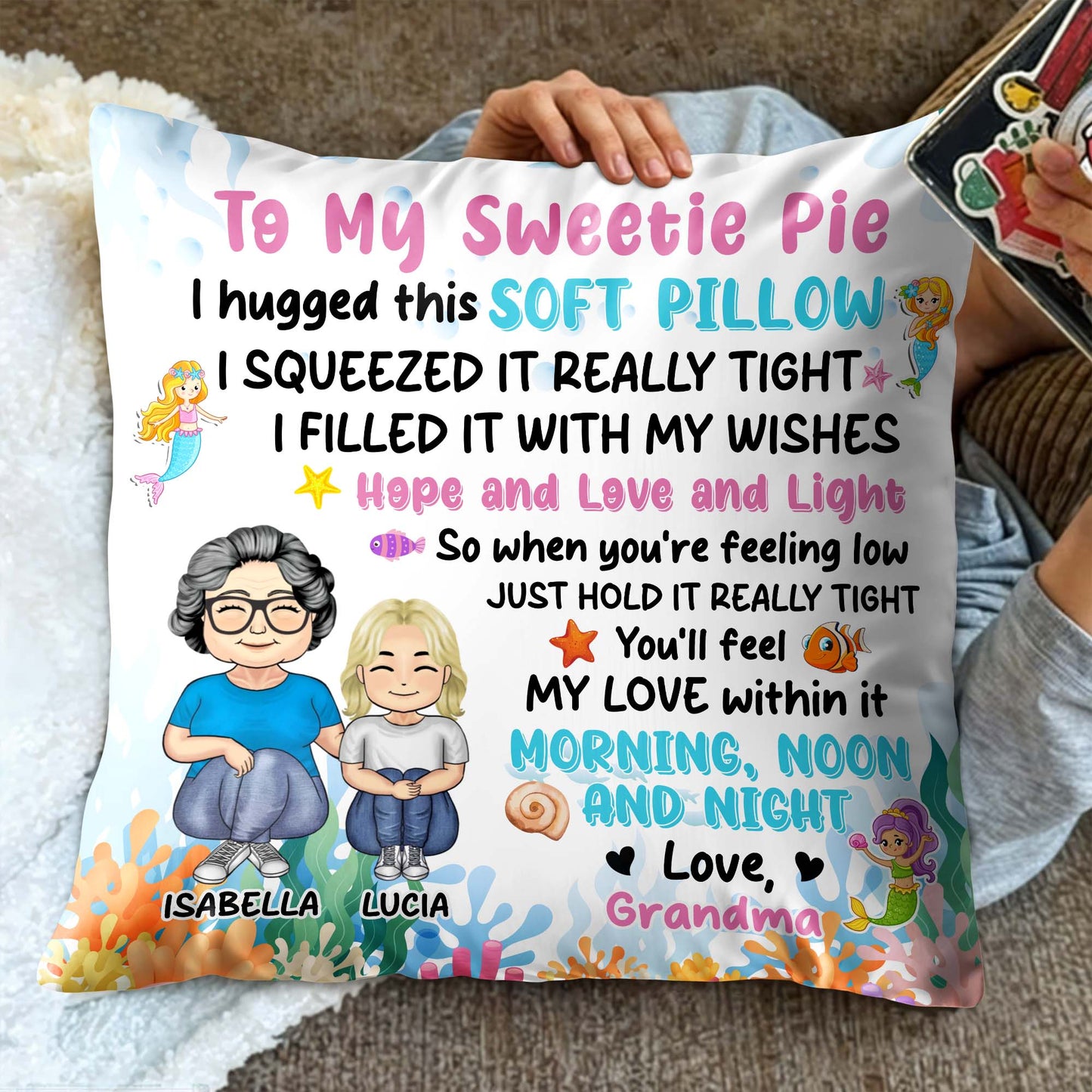 Grandmother And Granddaughter Love Pillow With Ocean Elements