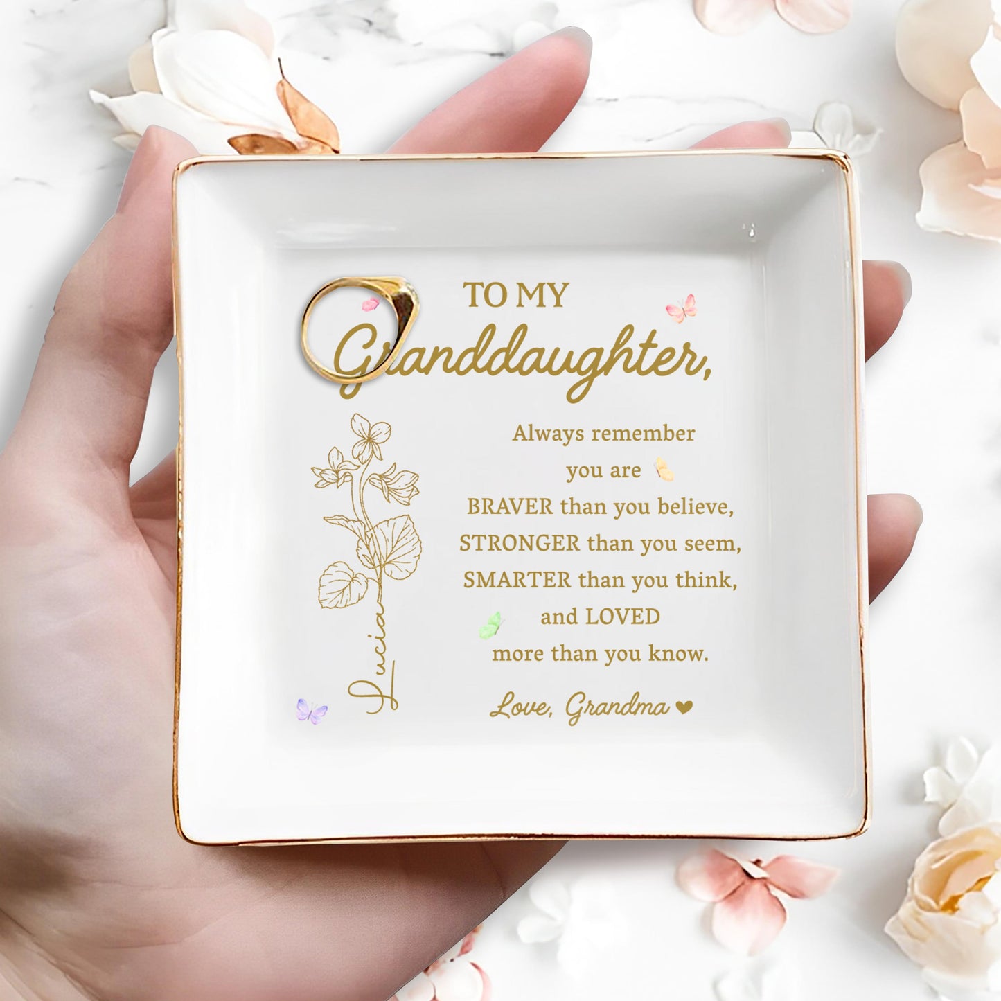 To My Granddaughter You Are Braver, Stronger, Smarter And Loved - Personalized Custom Jewelry Dish, Square Ceramic Dish - GDT238_SCRD