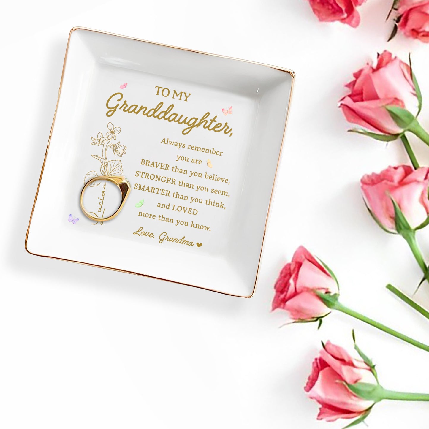 To My Granddaughter You Are Braver, Stronger, Smarter And Loved - Personalized Custom Jewelry Dish, Square Ceramic Dish - GDT238_SCRD
