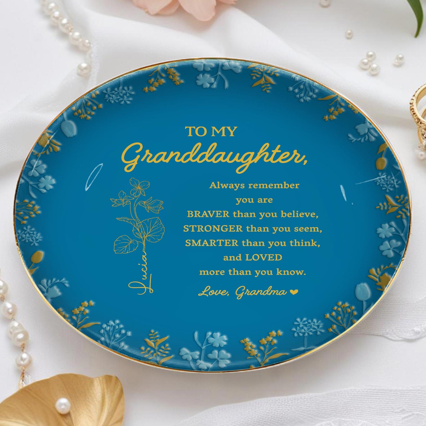 Braver Stronger Smarter Loved Granddaughter Inspirational Quote Dish - Personalized Custom Jewelry Dish, Ceramic Dish, Round Shape - GDT241_RCRF