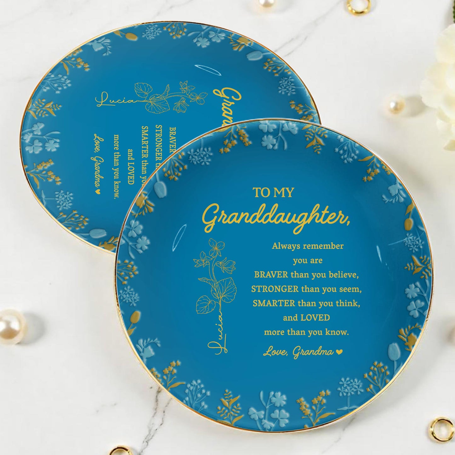 Braver Stronger Smarter Loved Granddaughter Inspirational Quote Dish - Personalized Custom Jewelry Dish, Ceramic Dish, Round Shape - GDT241_RCRF