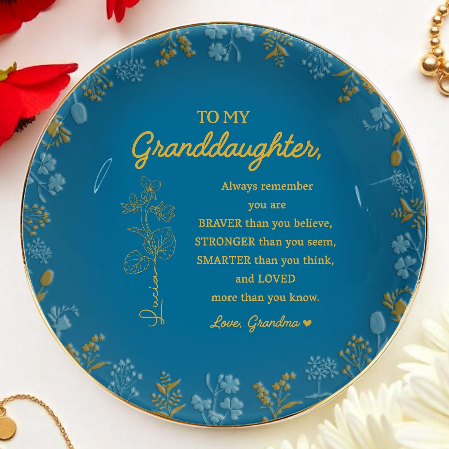 Braver Stronger Smarter Loved Granddaughter Inspirational Quote Dish - Personalized Custom Jewelry Dish, Ceramic Dish, Round Shape - GDT241_RCRF