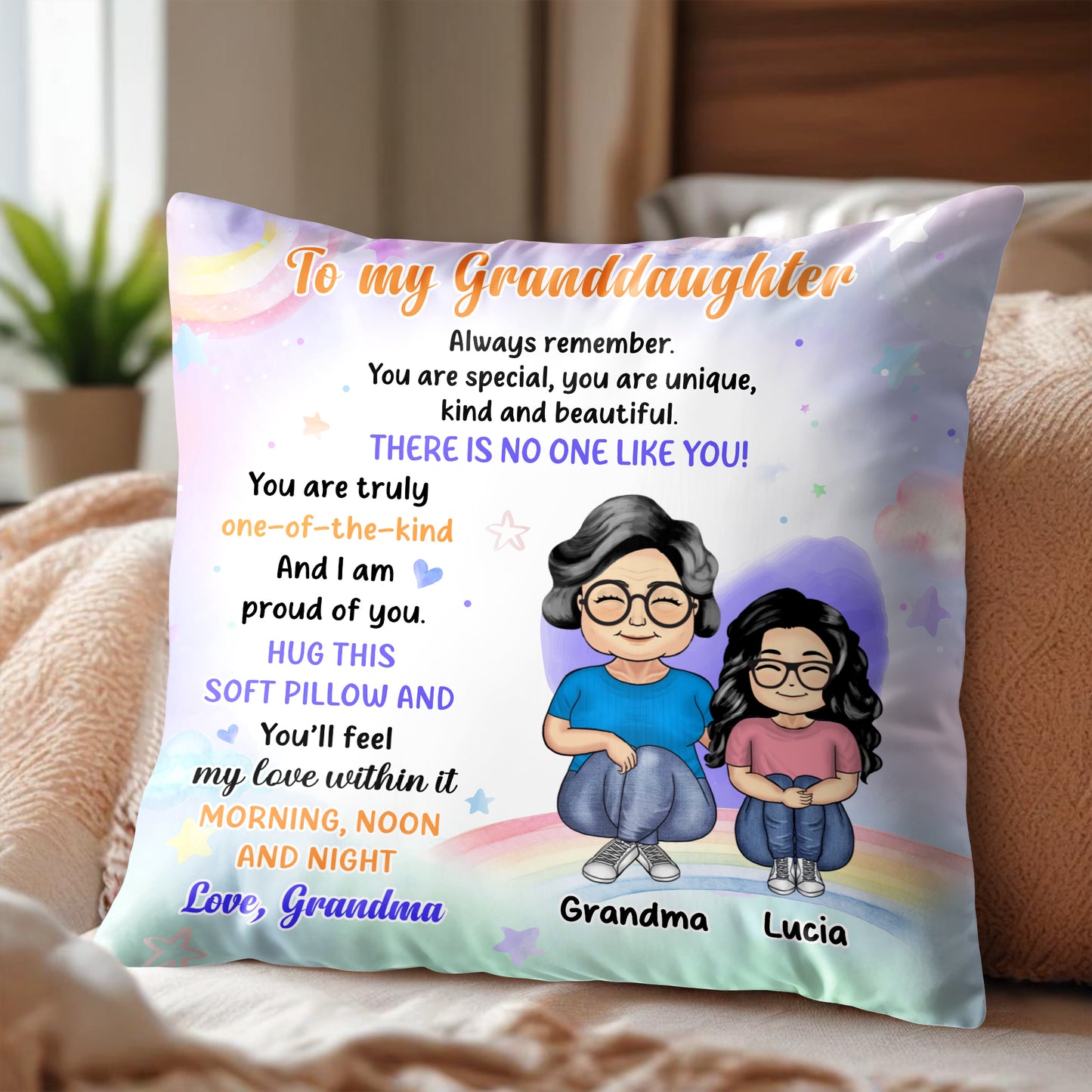 Unique Granddaughter Love and Support Pillow With Rainbow and Stars