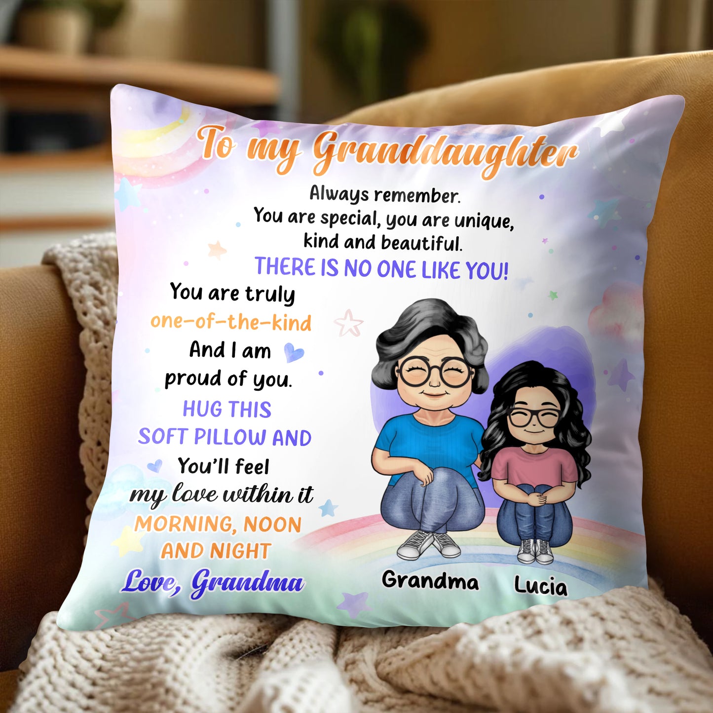 Unique Granddaughter Love and Support Pillow With Rainbow and Stars