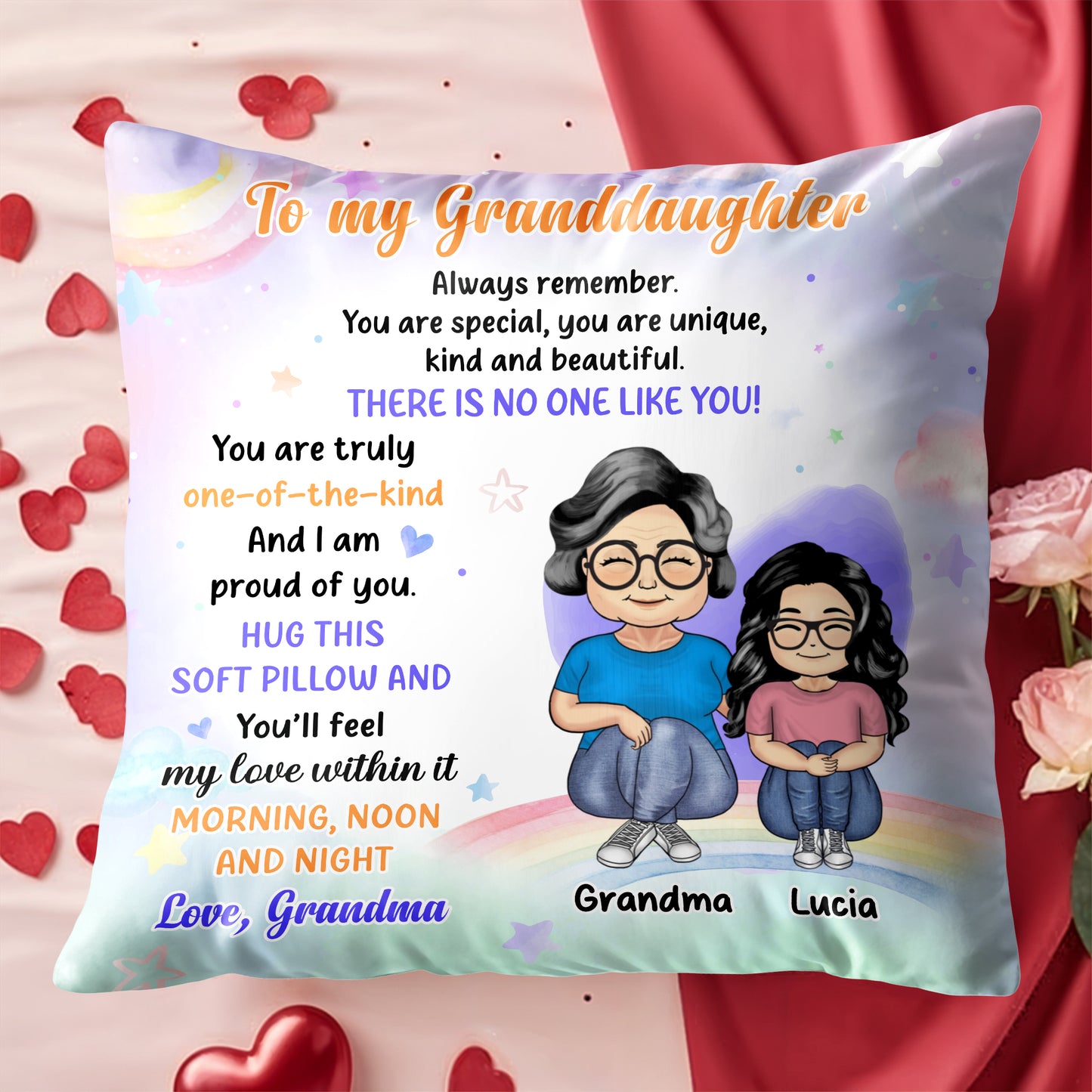 Unique Granddaughter Love and Support Pillow With Rainbow and Stars