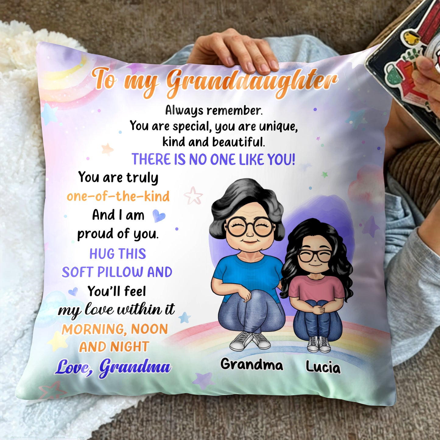 Unique Granddaughter Love and Support Pillow With Rainbow and Stars