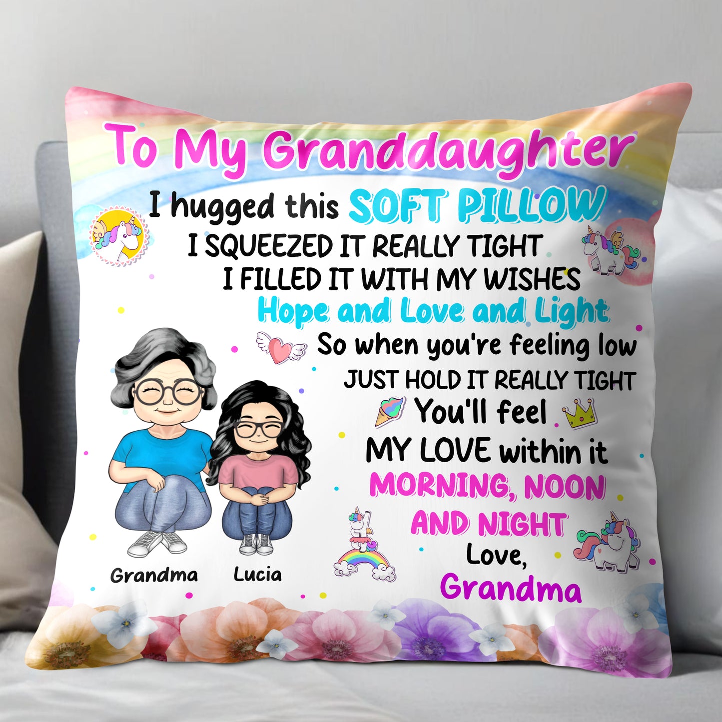 Love And Wishes Granddaughter Pillow With Flowers And Cartoon