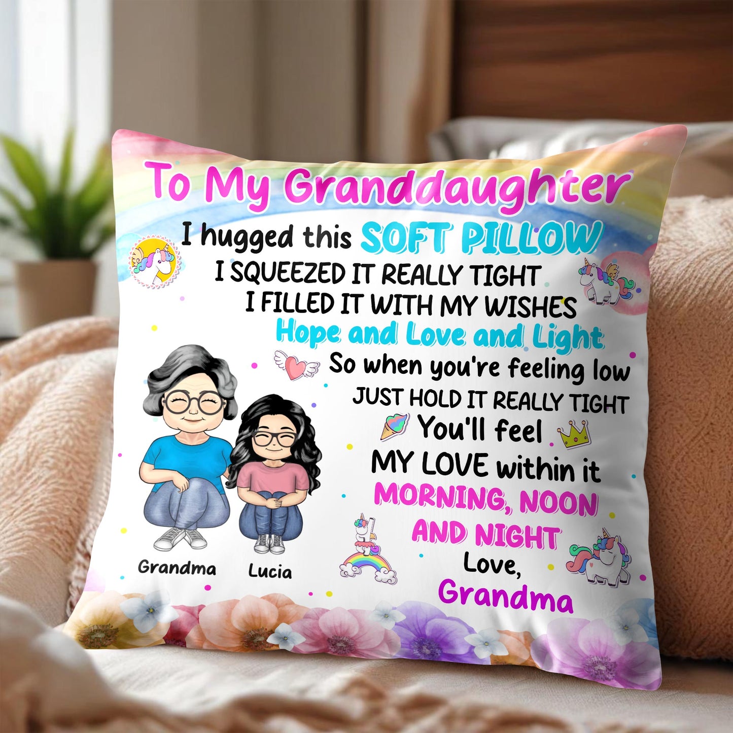 Love And Wishes Granddaughter Pillow With Flowers And Cartoon
