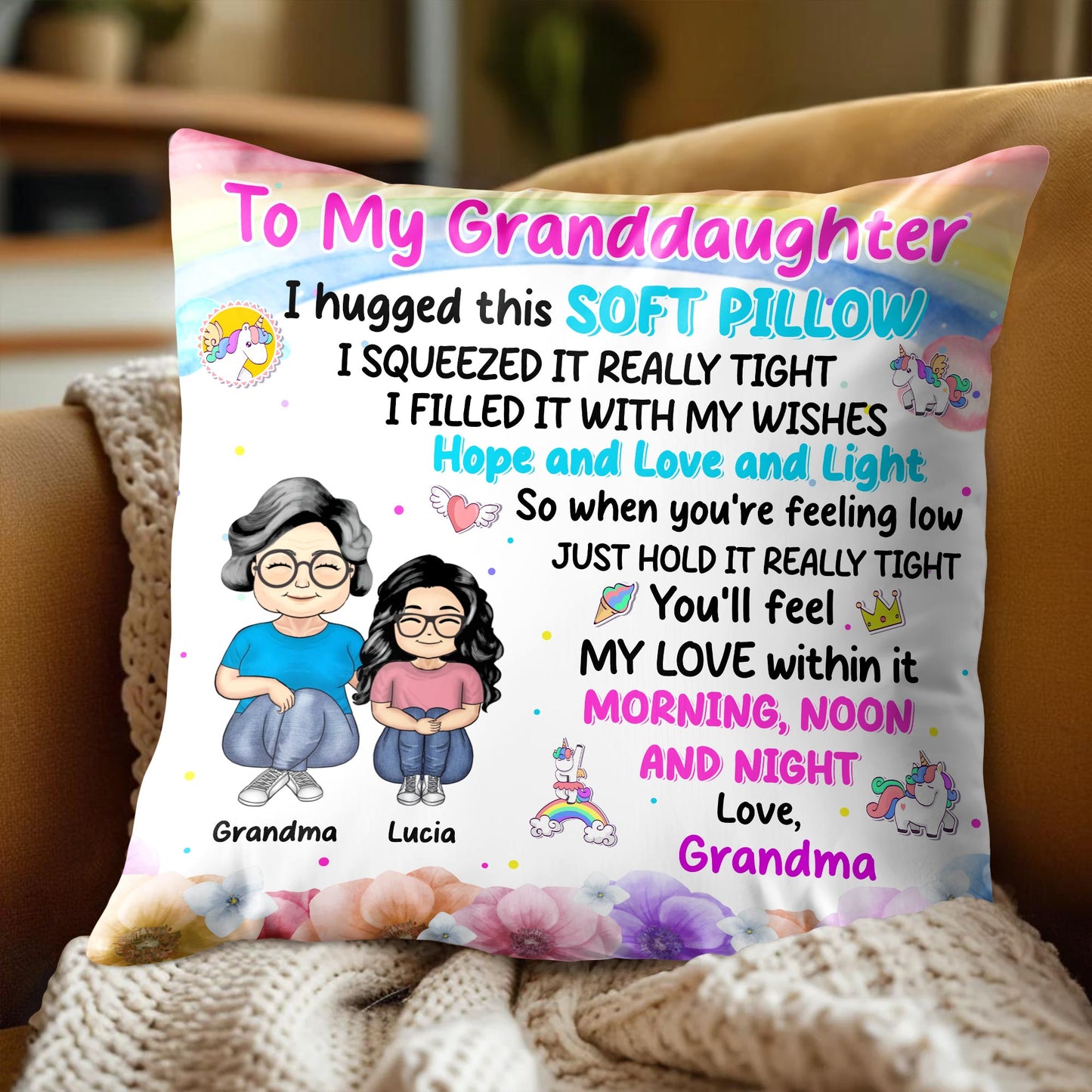 Love And Wishes Granddaughter Pillow With Flowers And Cartoon