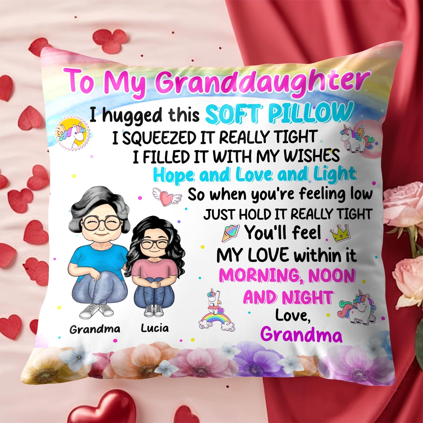 Love And Wishes Granddaughter Pillow With Flowers And Cartoon