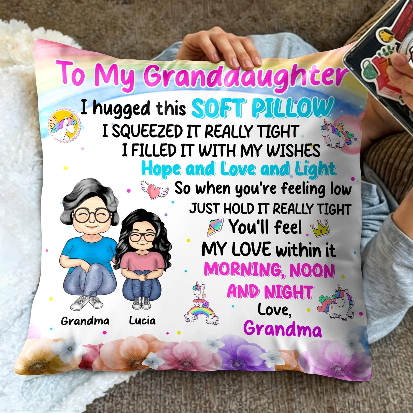 Love And Wishes Granddaughter Pillow With Flowers And Cartoon