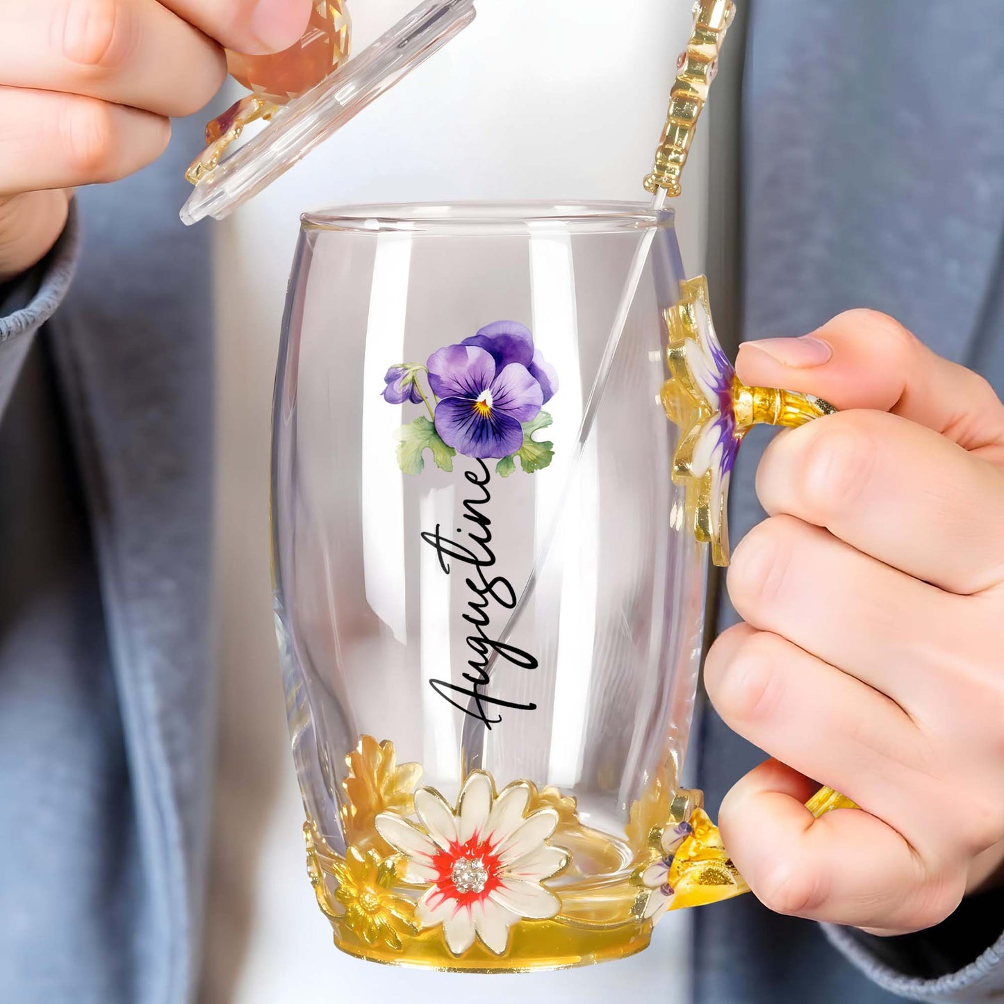 Personalized Enamel Flower Tea Cup Featuring Elegant Floral Design