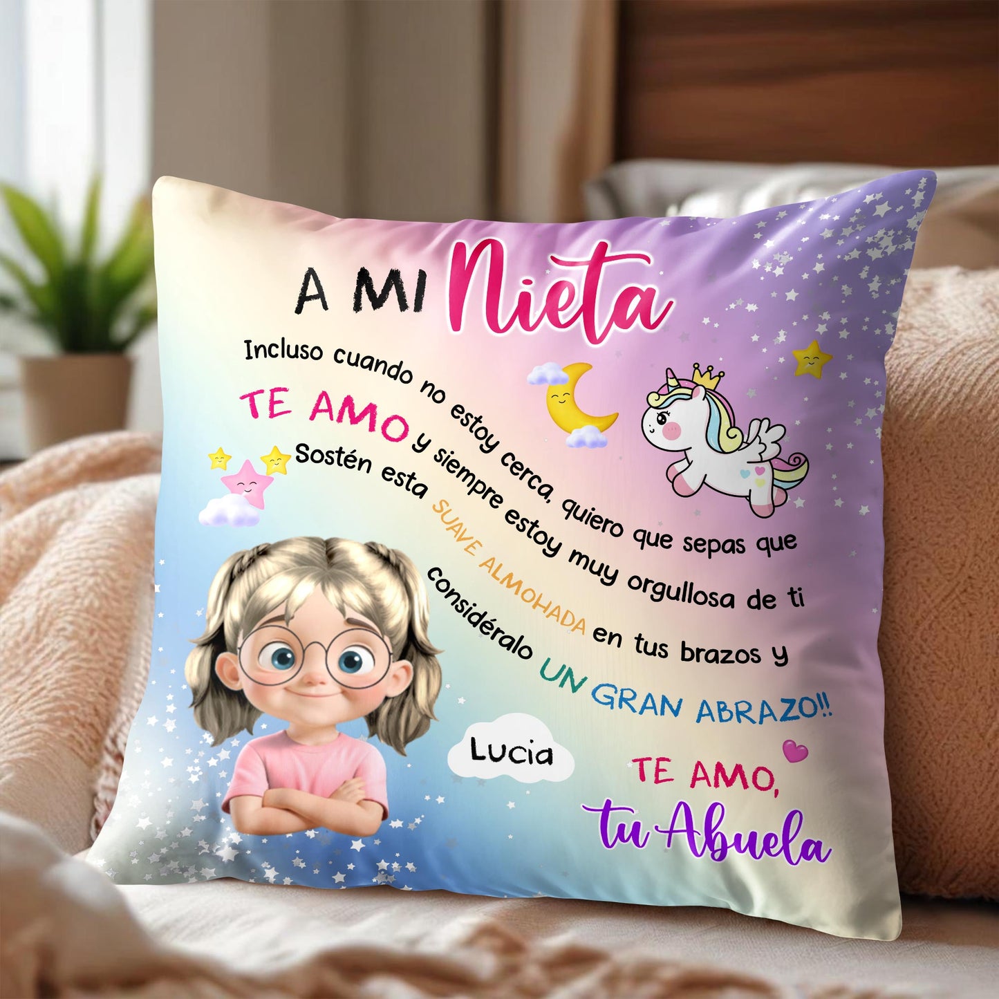 A Mi Nieta, Incluso Cuando No Estoy Cerca, Unicorn And Girl Pillow