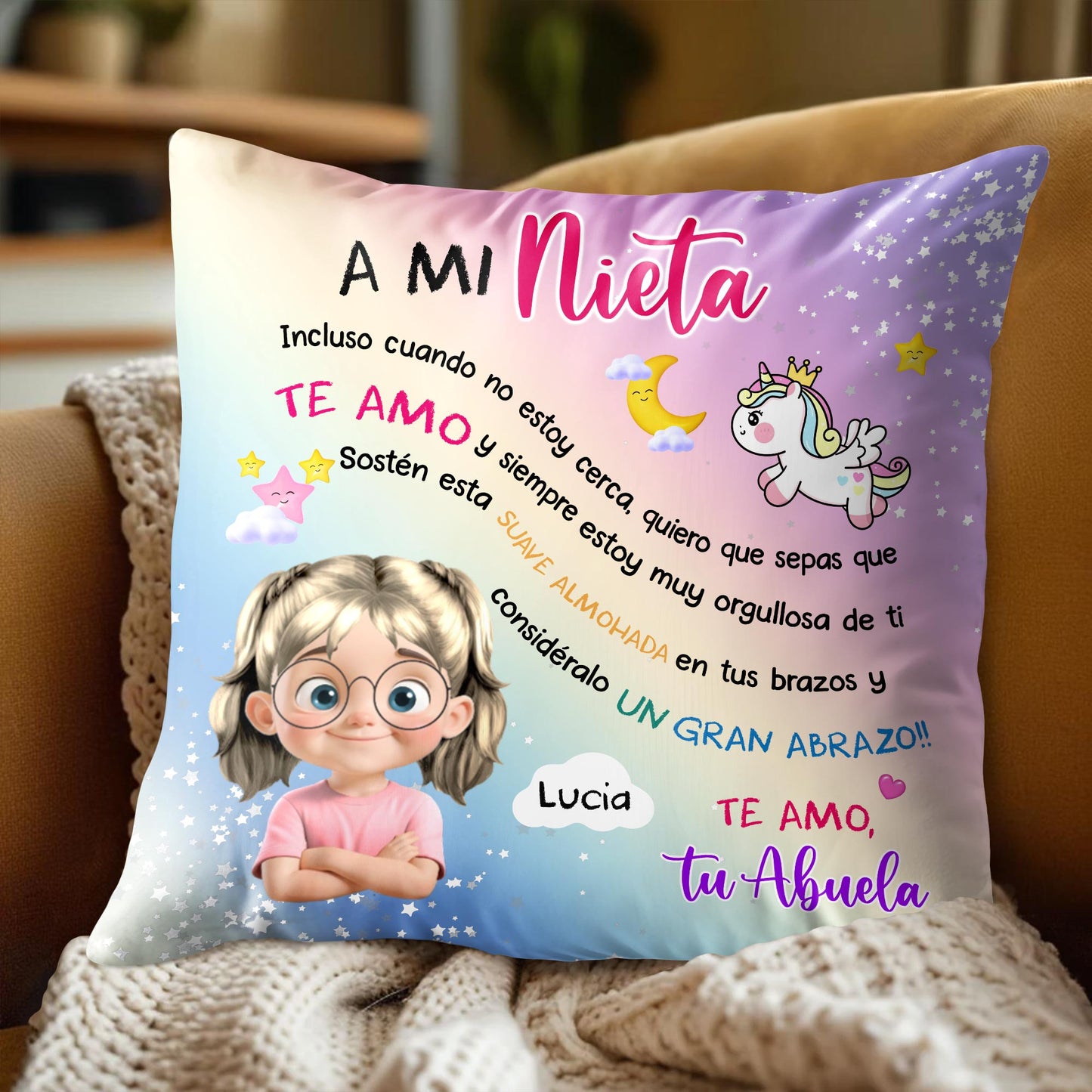 A Mi Nieta, Incluso Cuando No Estoy Cerca, Unicorn And Girl Pillow