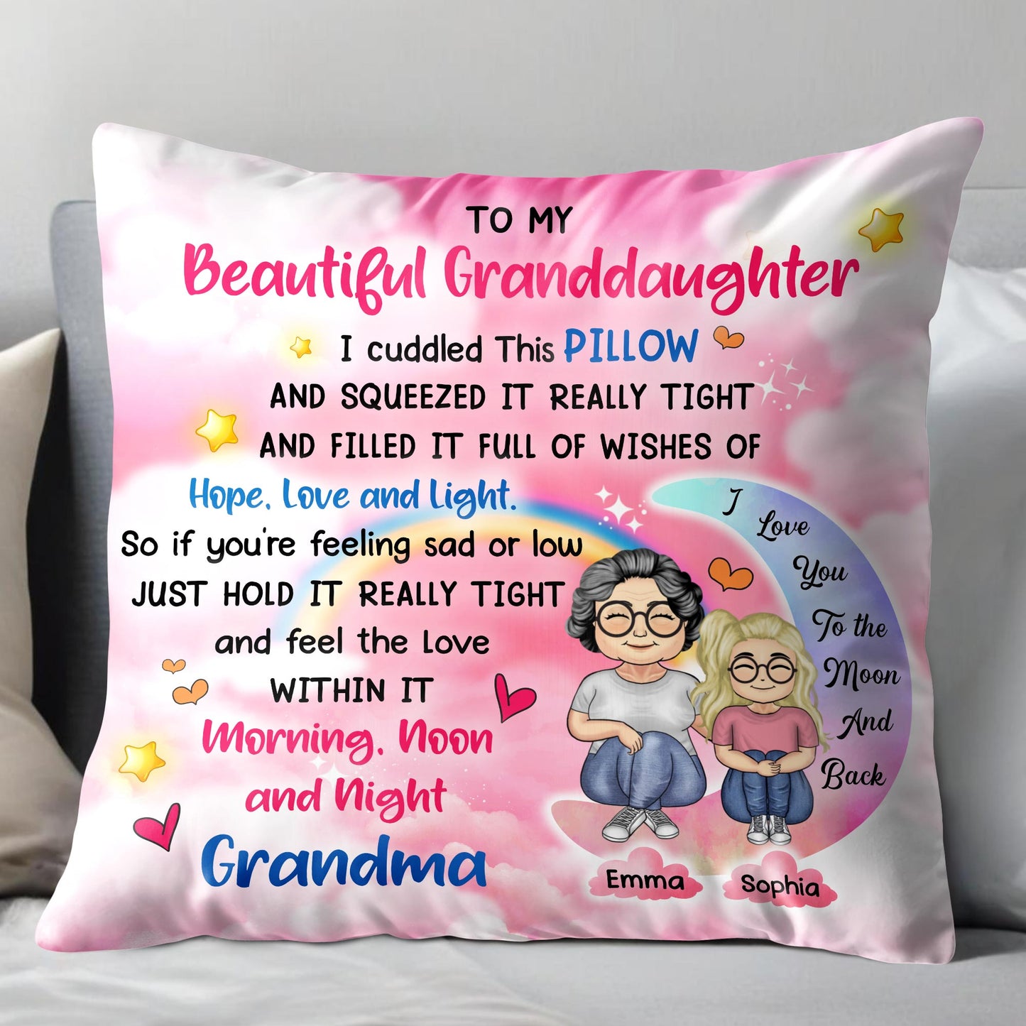 To My Beautiful Granddaughter, Cuddled Pillow, Hope, Love, Light, Stars, Hearts - Personalized Custom Pillow, Insert Included - GDT276_PLW