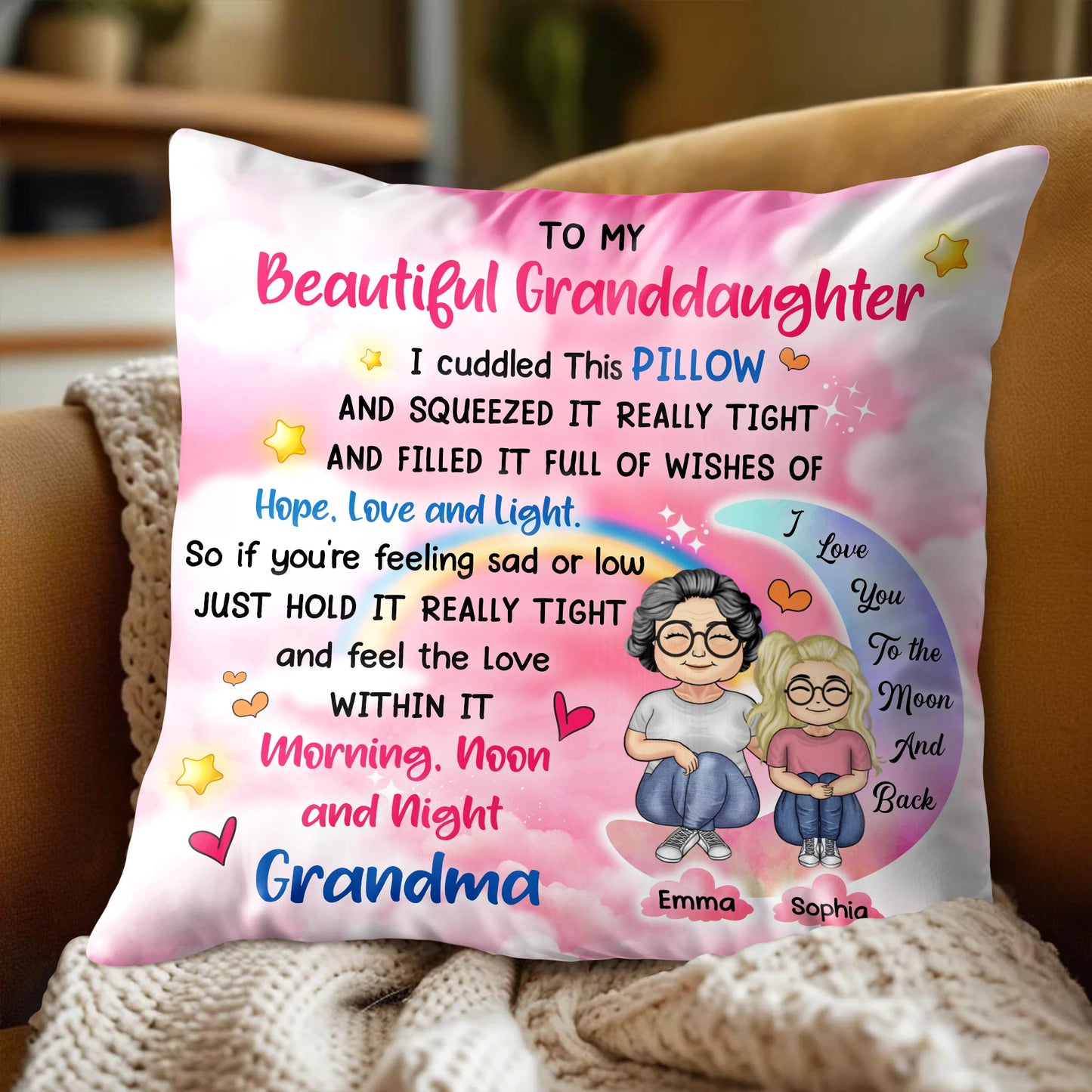 To My Beautiful Granddaughter, Cuddled Pillow, Hope, Love, Light, Stars, Hearts - Personalized Custom Pillow, Insert Included - GDT276_PLW