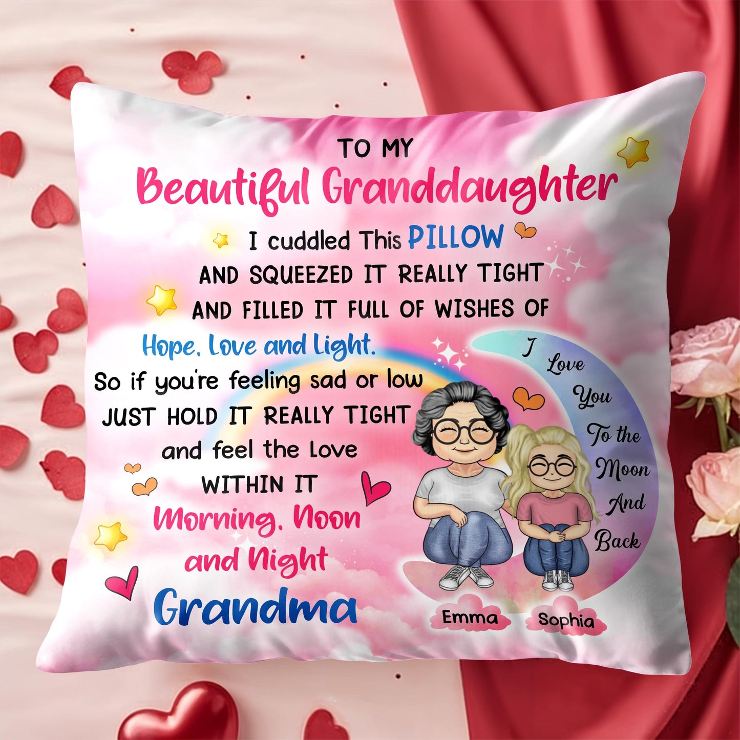 To My Beautiful Granddaughter, Cuddled Pillow, Hope, Love, Light, Stars, Hearts - Personalized Custom Pillow, Insert Included - GDT276_PLW