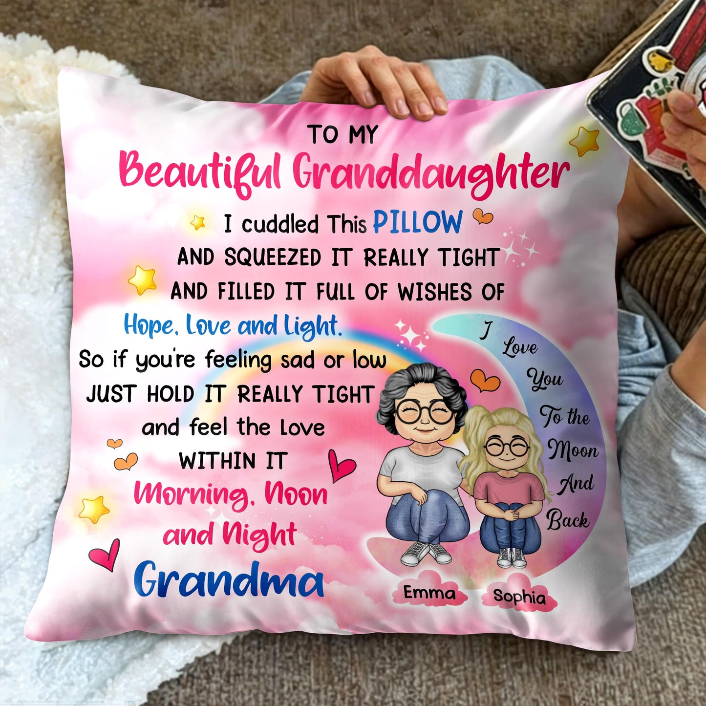 To My Beautiful Granddaughter, Cuddled Pillow, Hope, Love, Light, Stars, Hearts - Personalized Custom Pillow, Insert Included - GDT276_PLW