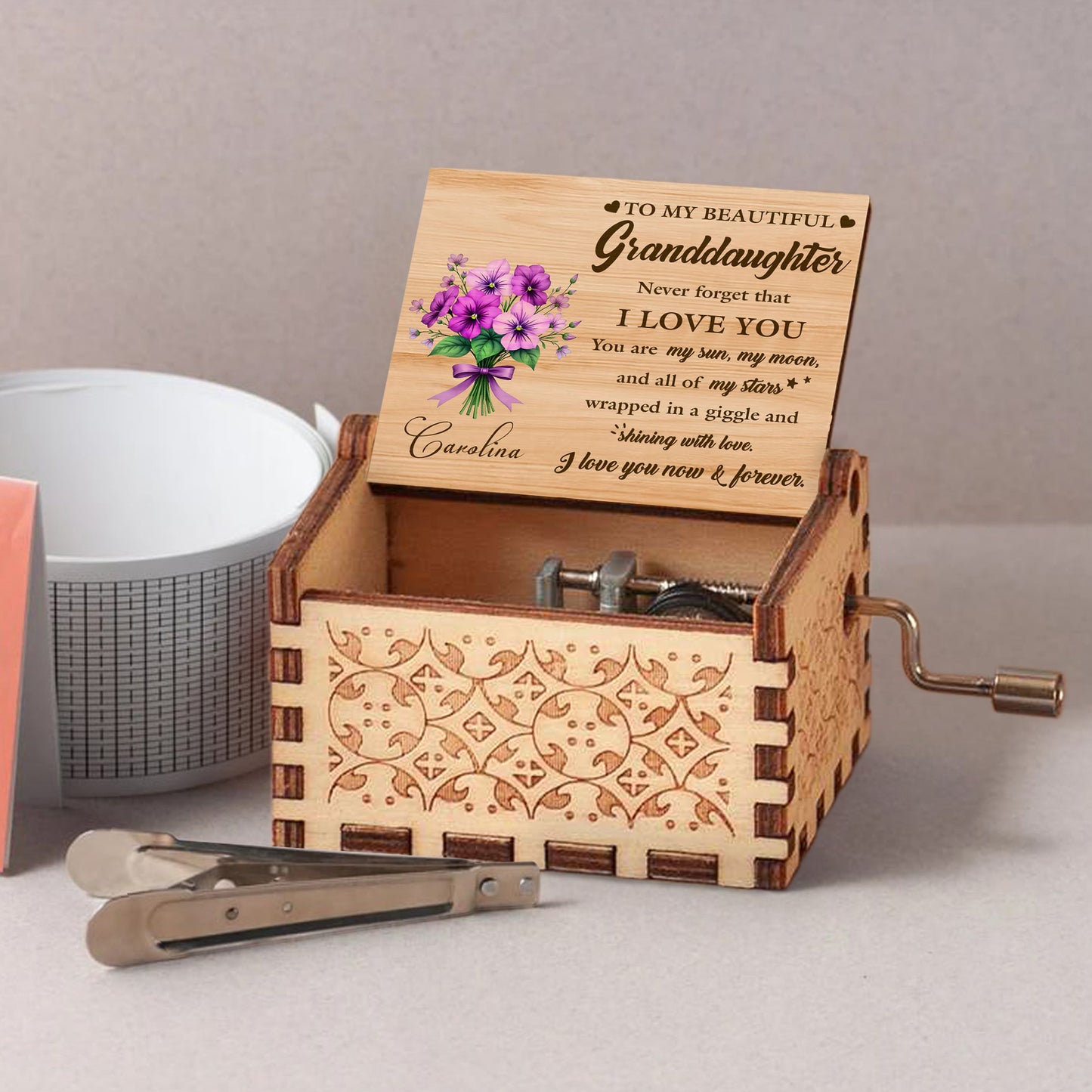 To My Beautiful Granddaughter, Never Forget That I Love You, Flowers - Custom Music Box With "You Are My Sunshine" Tune - GDT285_MZB