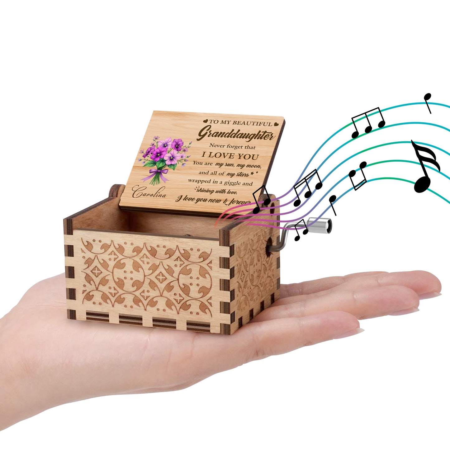 To My Beautiful Granddaughter, Never Forget That I Love You, Flowers - Custom Music Box With "You Are My Sunshine" Tune - GDT285_MZB