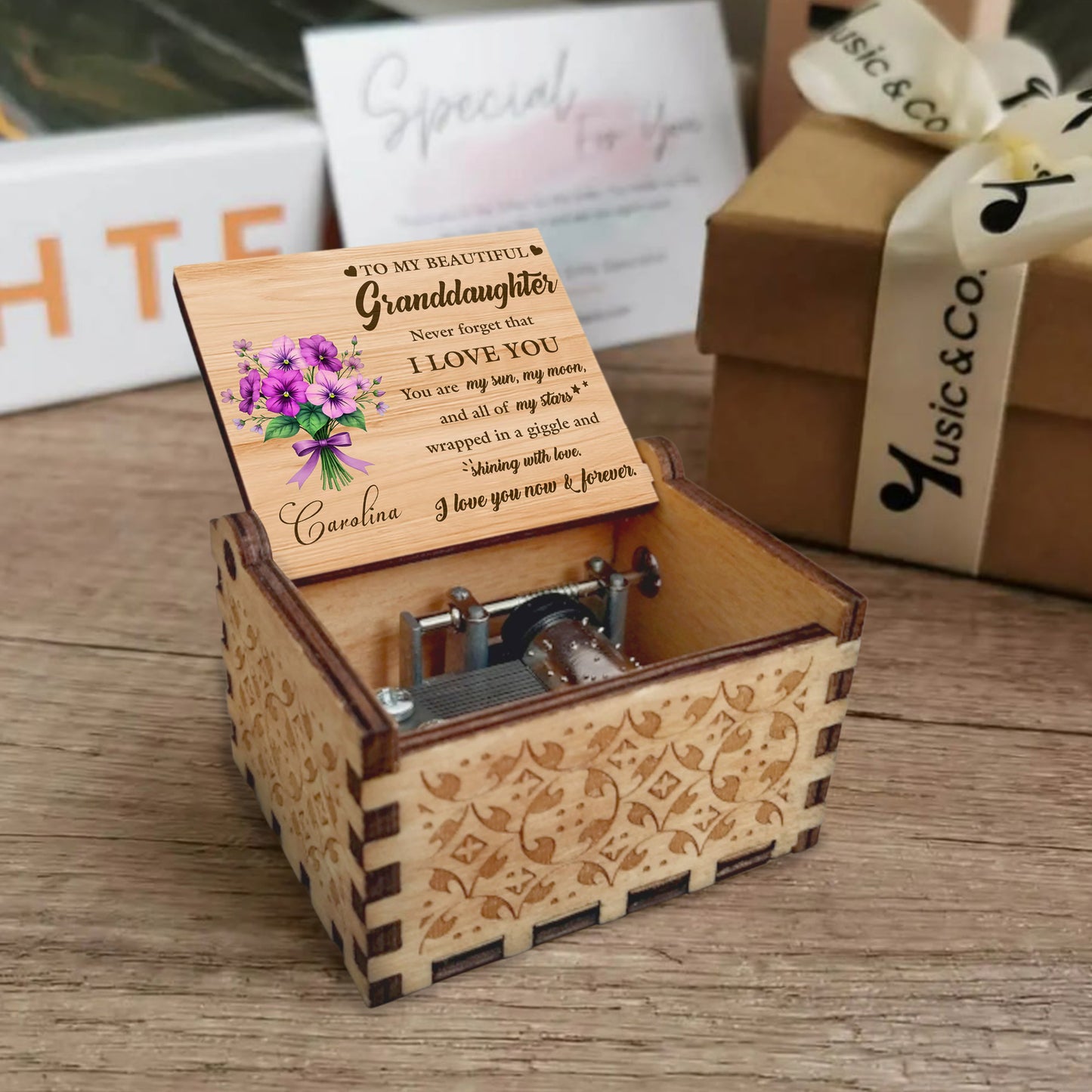 To My Beautiful Granddaughter, Never Forget That I Love You, Flowers - Custom Music Box With "You Are My Sunshine" Tune - GDT285_MZB